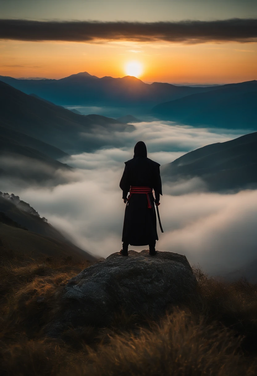 ninja de frente, meditando no topo da montanha, espada, roupa preta, Sunrise behind the ninja, hiper realismo