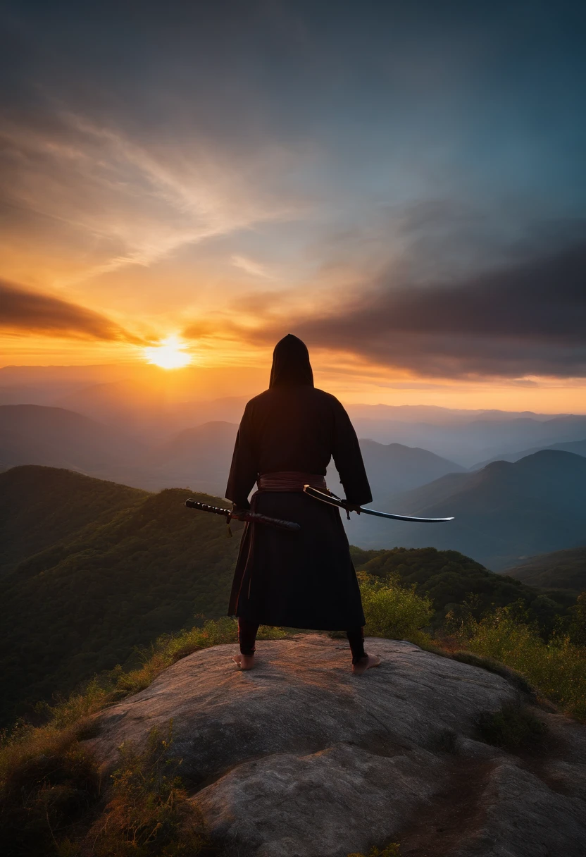 ninja de frente, meditando no topo da montanha, espada, roupa preta, Sunrise behind the ninja, hiper realismo