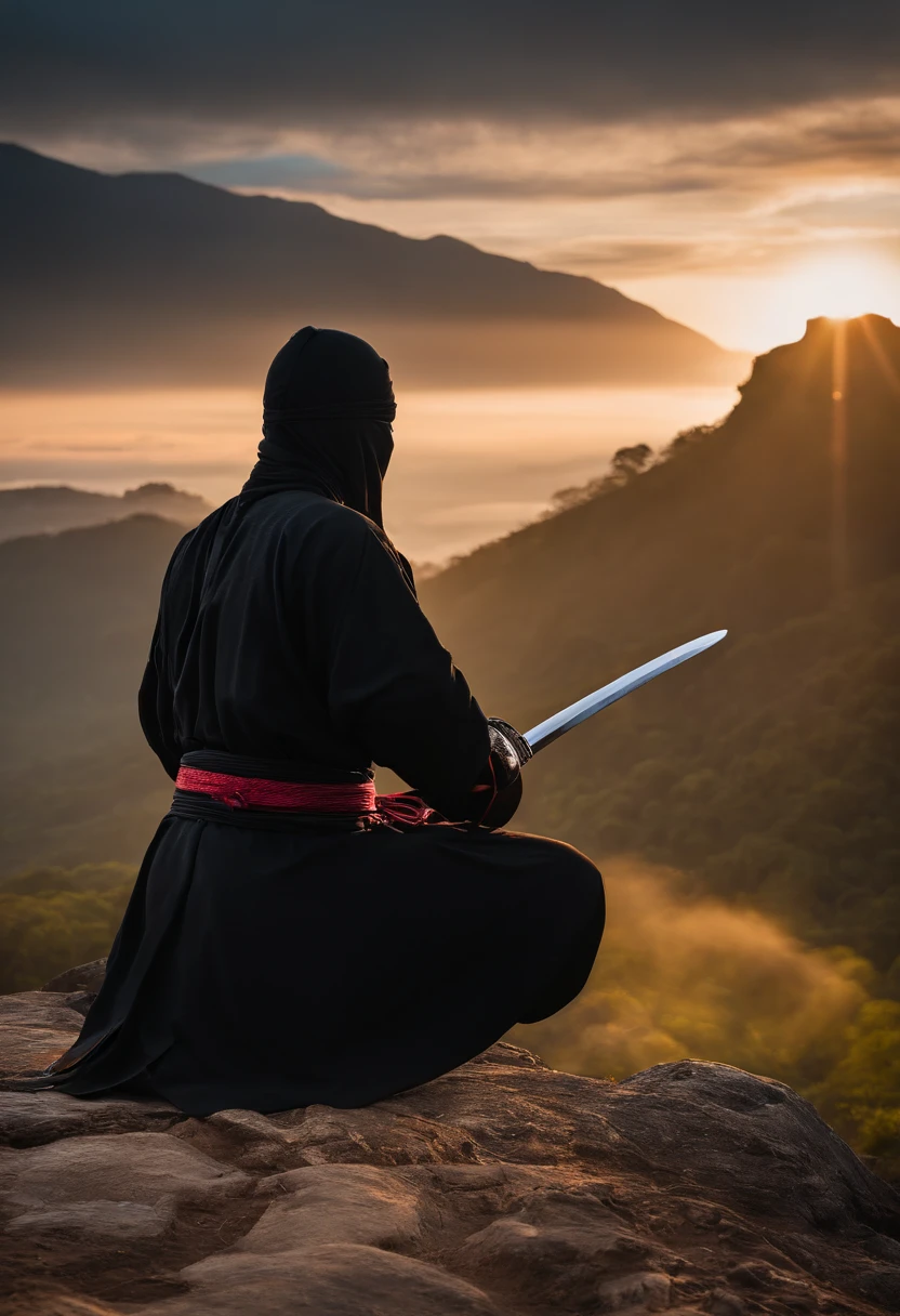 ninja de frente, meditando no topo da montanha, espada, roupa preta, Sunrise behind the ninja, hiper realismo