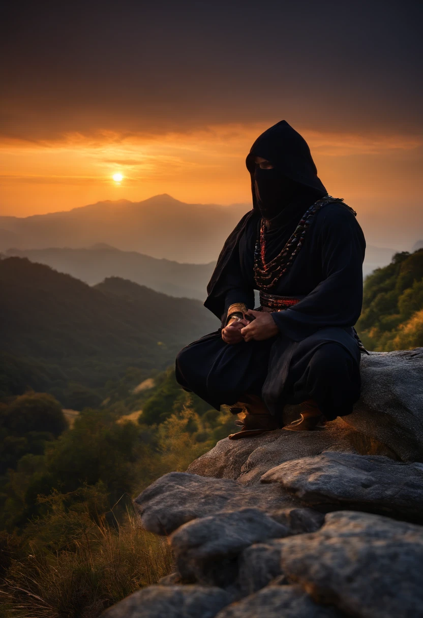 ninja de frente, meditando no topo da montanha, espada, roupa preta, Sunrise behind the ninja, hiper realismo