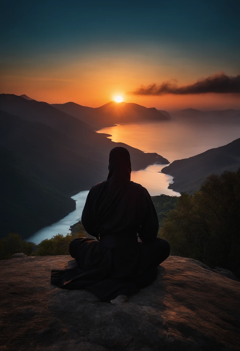 ninja de frente, meditando no topo da montanha, espada, roupa preta, Sunrise behind the ninja, hiper realismo