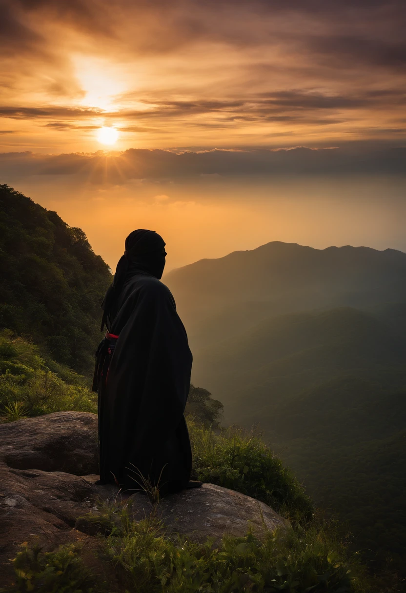 ninja de frente, meditando no topo da montanha, espada, roupa preta, Sunrise behind the ninja, hiper realismo