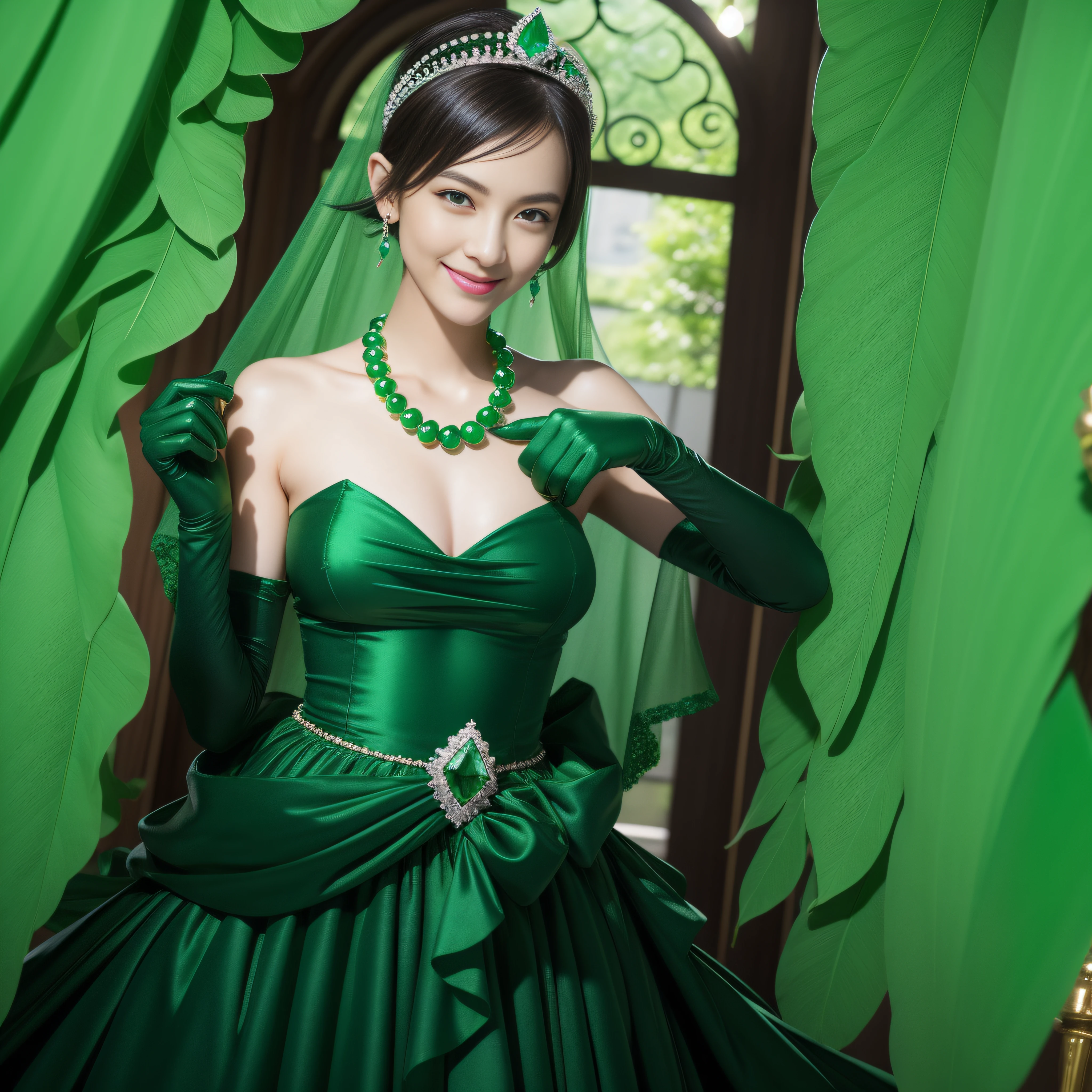 emerald tiara, Green Pearl Necklace, Boyish very short black hair, lipsticks, Japan woman smiling, very short short hair, big breasts beautiful, Green eyes, Long green gloves made of satin material, Green eyes, Emerald Earrings, Green dress