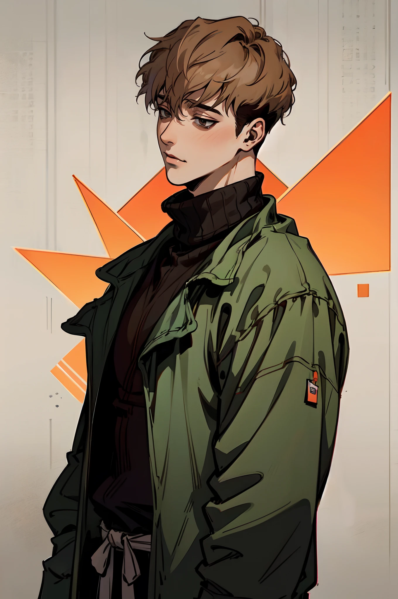 oh sangwoo, solo, cowboy shot, short hair, brown hair, 1boy, male focus, black turtleneck
