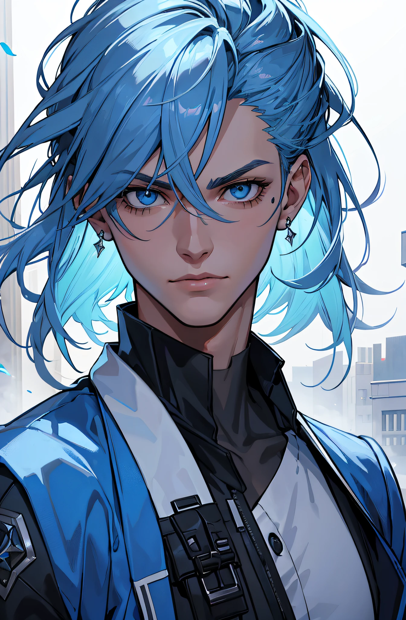 Blau-lila Stil, Ich schaue dich an, Gute Augen, Unordentliches Haar, Gebrochenes Haar, Lange Haare, Ritterlichkeit, Very nice digital cyberpunk artwork, male focus, stattlich, Heldenhaft und frech, Handsome man, He wears a blue and white kimono, langes Schwert auf der Schulter, Ritterlicher Stil, Hochwertige Detaildarstellung, verschwommener Hintergrund und weiches Licht setzen sich ab, Shooting on the middle side, Mittlere Seitenperspektive, Musterdekorationen und Accessoires, Gebrochene Blumen und fliegende Blumen, Dichter Nebel umgeben, Light and shadow changes extremely exquisite. 4k-Hintergrundbild im Anime-Stil.