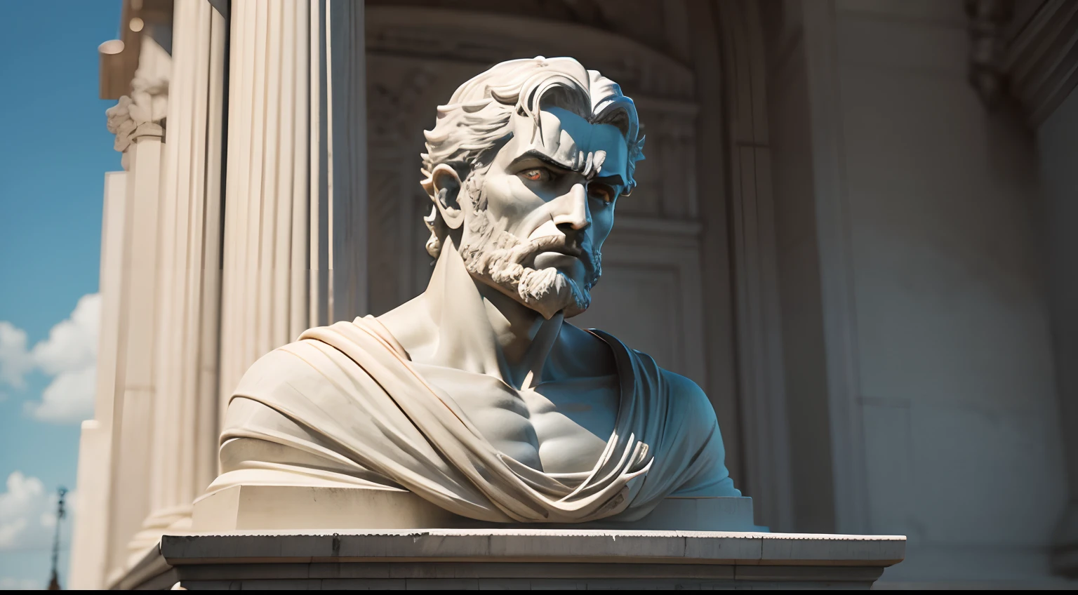 Stoic statue, with an expression of anger, usando manto e tunica longo sobre todo o corpo, rosto definido, Noite escura, fundo grego antigo do templo, 35 mm, lateralmente, Filmado em Sony A7S III com Sony FE 35mm f/1.8, 12.1 MP, --AR 3:2 --estilo cru