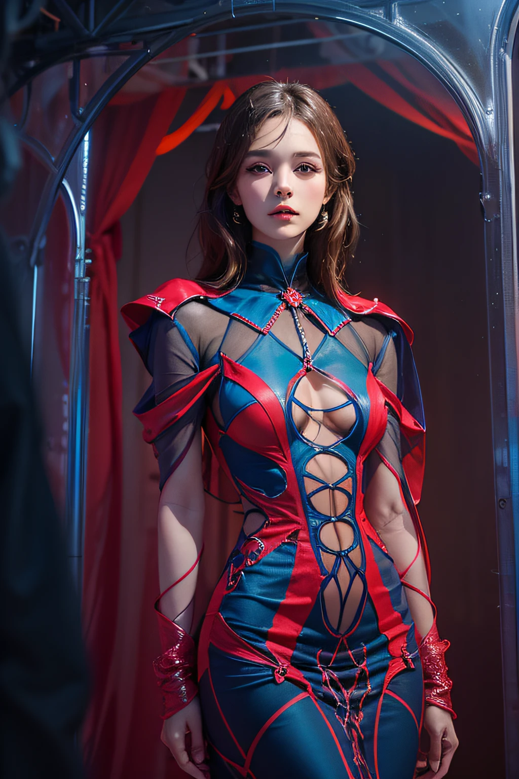 Supermodel in Haute Couture Dress, red velvet and blue transparent polyethylene, Dress model, in full height, Neo-Futurism style, ultradetail, The texture of the fabric, studio lightning, Professional photo, tmasterpiece, Elegantly, Professional photo, The concept of the dress