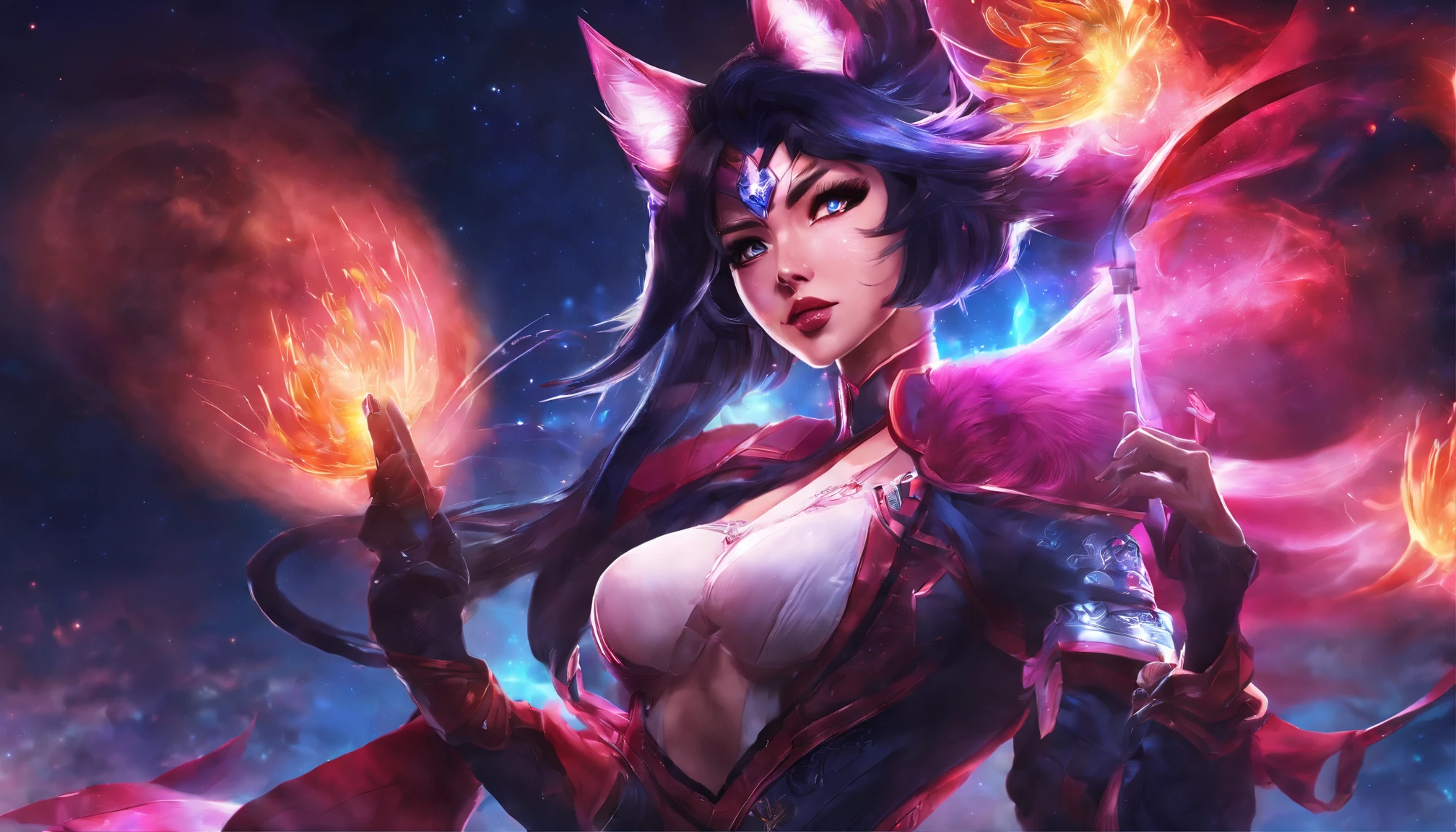 Ahri de League of Legends, foto do corpo todo, perfect hands, cabelos pretos e longos, nine fox tails on the tailbone, orelhas de raposa pretas, roupa de samurai vermelha, papel de parede, fundo em Iona, rosto sexy oriental, cabelos pretos escuros