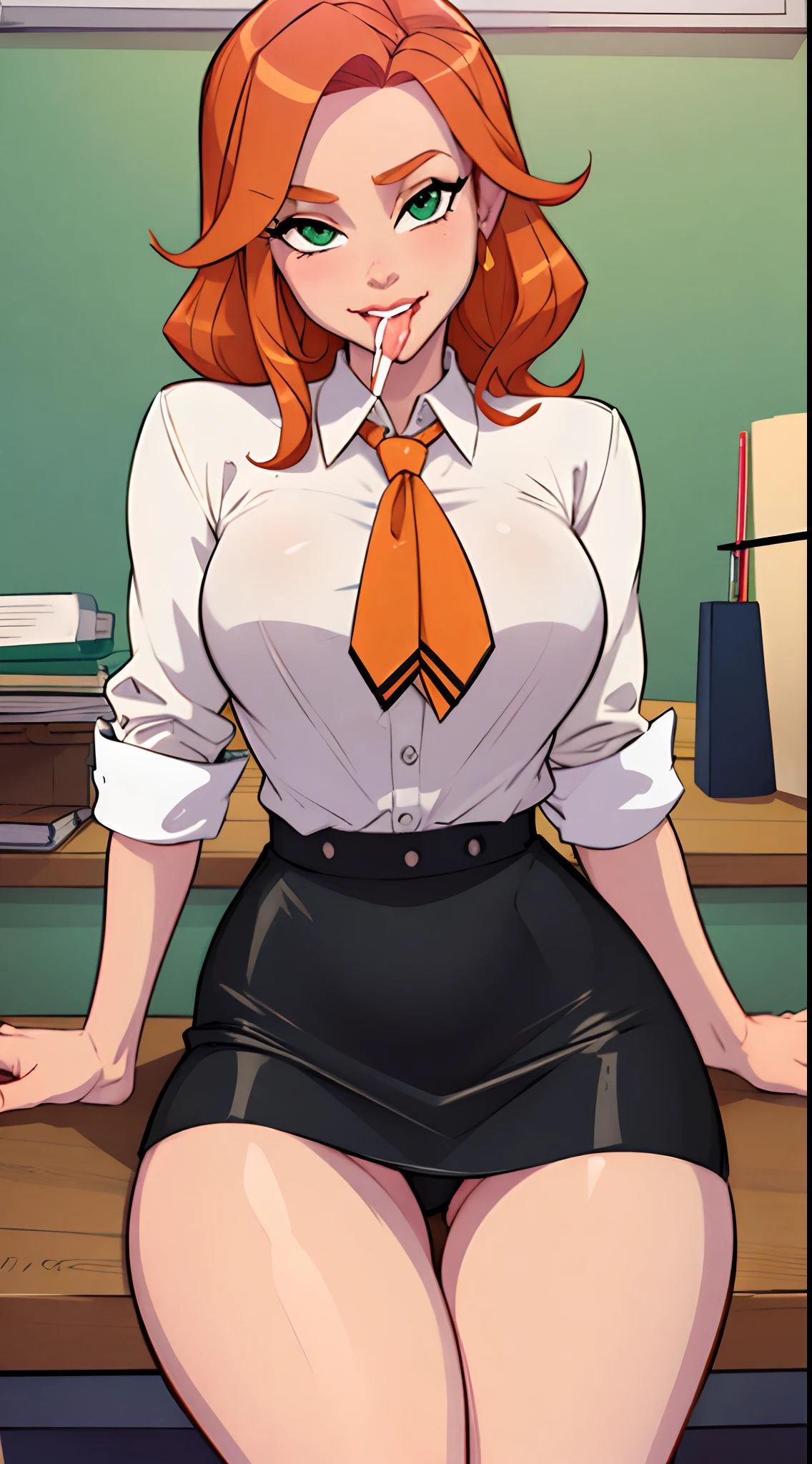 1girl, Best quality, masterpiece, cowboy shot, orange hair, green eyes, tight cloth, sitting on table, office, secretary clothes, pencil skirt, legs spreading, licking banana