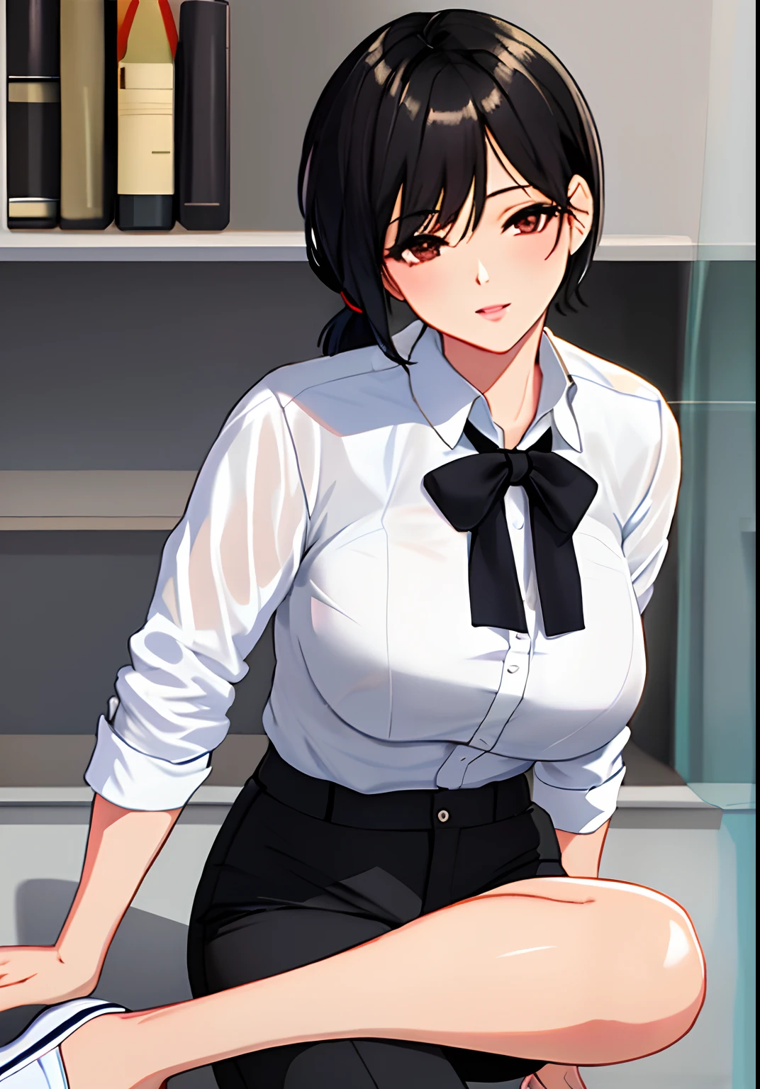 masterpiece, best quality, high res, realistic, award winning photo of short black haired tomboy, office, short hair ponytail, white shirt, black pants, black tie, looking at viewer, high detailed,