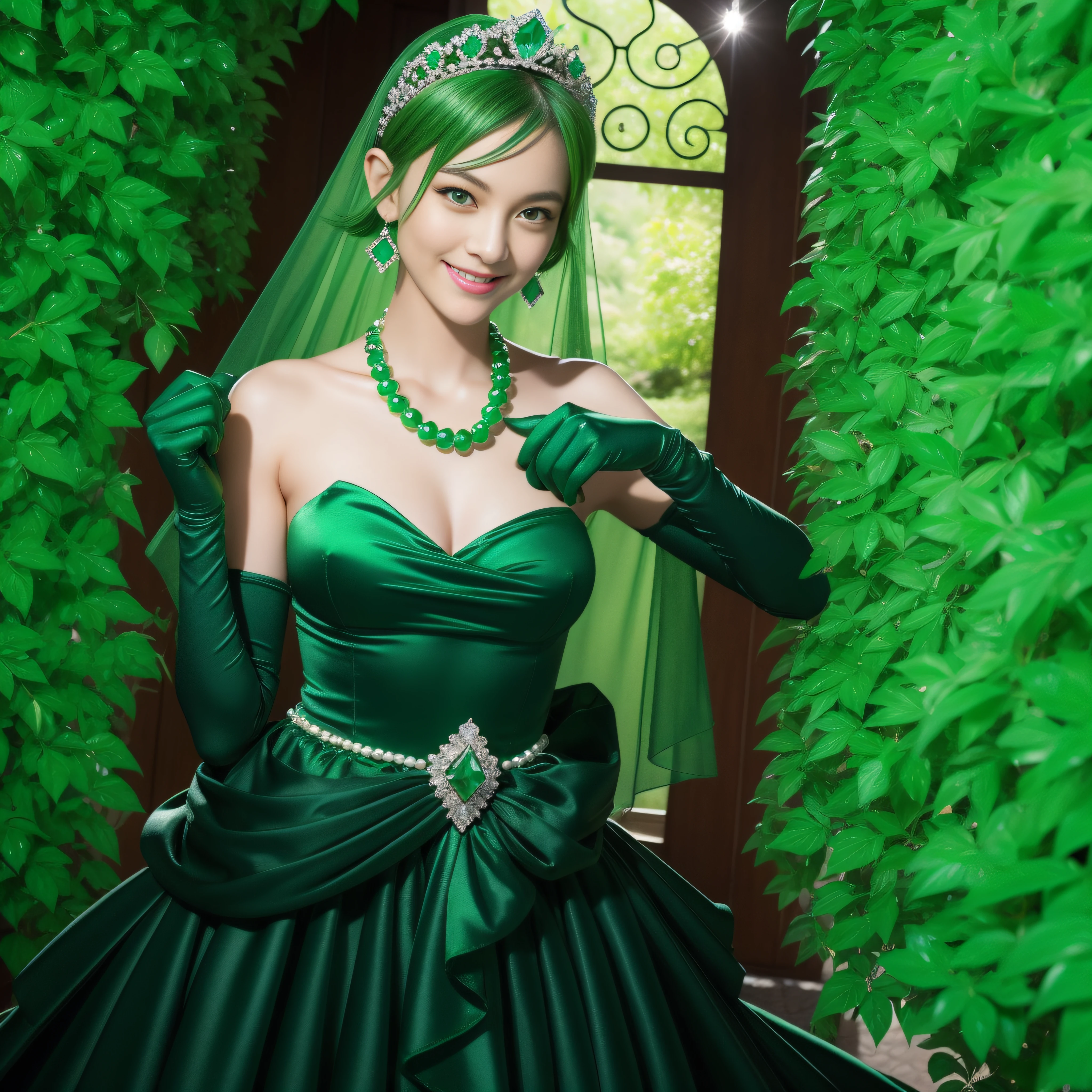 emerald tiara, Green Pearl Necklace, Boyish very short green hair, lipsticks, Japan woman smiling, very short short hair, fist, big breasts beautiful, Green eyes, Long green gloves made of satin material, Green eyes, Emerald Earrings
