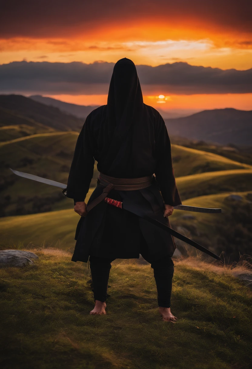 ninja de frente, meditando no topo da montanha, espada, roupa preta, Sunrise behind the ninja, hiper realismo