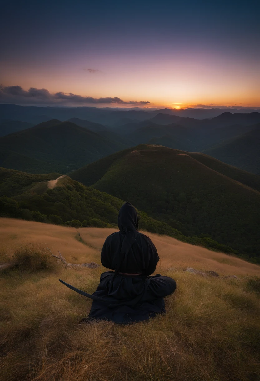 ninja de frente, meditando no topo da montanha, espada, roupa preta, Sunrise behind the ninja, hiper realismo