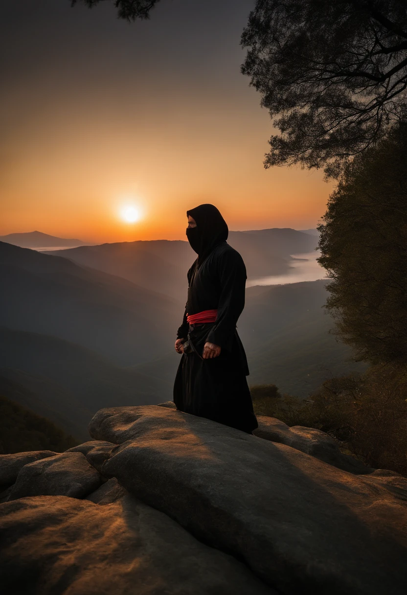 ninja de frente, meditando no topo da montanha, espada, roupa preta, Sunrise behind the ninja, hiper realismo