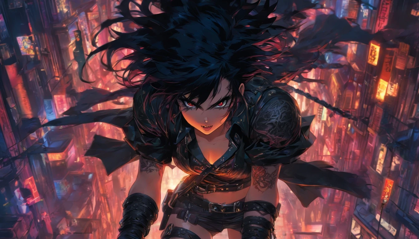 beautiful cute girl, BDSM, leather collar, harness, sword belt, wide thighs, Narrow waist, lush black hair, Bright make-up, An evil expression on his face, the night, sexy and nude, Belts & Leather, Tatoo