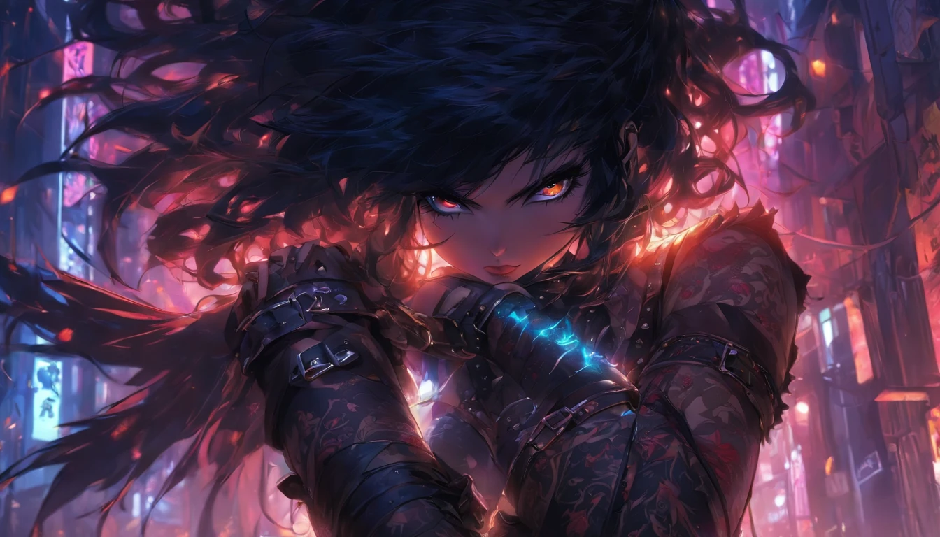 beautiful cute girl, BDSM, leather collar, harness, sword belt, wide thighs, Narrow waist, lush black hair, Bright make-up, An evil expression on his face, the night, sexy and nude, Belts & Leather, Tatoo