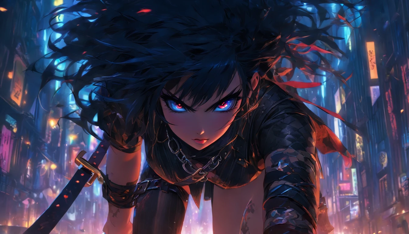 beautiful cute girl, BDSM, leather collar, harness, sword belt, wide thighs, Narrow waist, lush black hair, Bright make-up, An evil expression on his face, the night, sexy and nude, Belts & Leather, Tatoo