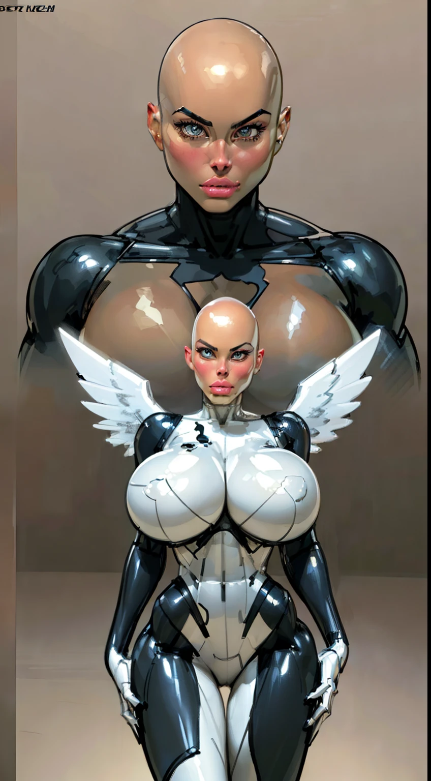 8k ((full body view:1.4)) (large eyes:1.3), defined cheekbones, 1woman, ((woman has no face, ((sleek silver bodysuit:1.4)) (detailed face:1.5), silver skin,(puffy lips:1.5) (silver skin:1.5), (bald woman:1.4), (skinhead) ((stands confident)),(Muscular:1.3), ((gigantic breasts:1.5)) ((side view:0.6)), )highly detailed, majestic, digital photography, art by artgerm and ruan jia and greg rutkowski, ((metal wings on back)), (masterpiece, sidelighting, intricate details