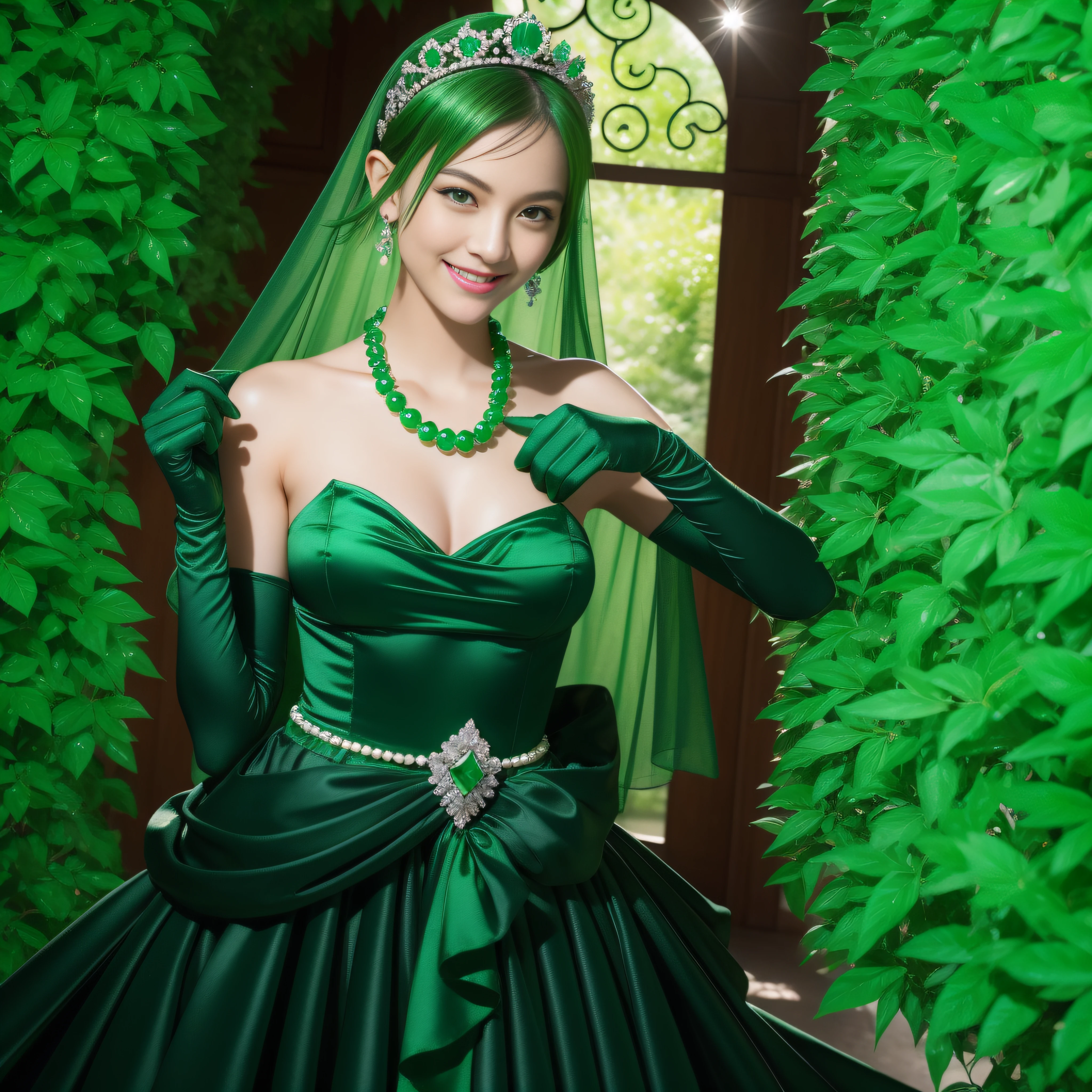 emerald tiara, Green Pearl Necklace, Boyish very short green hair, lipsticks, Japan woman smiling, very short short hair, fist, big breasts beautiful, Green eyes, Long green gloves made of satin material, Green eyes, Emerald Earrings