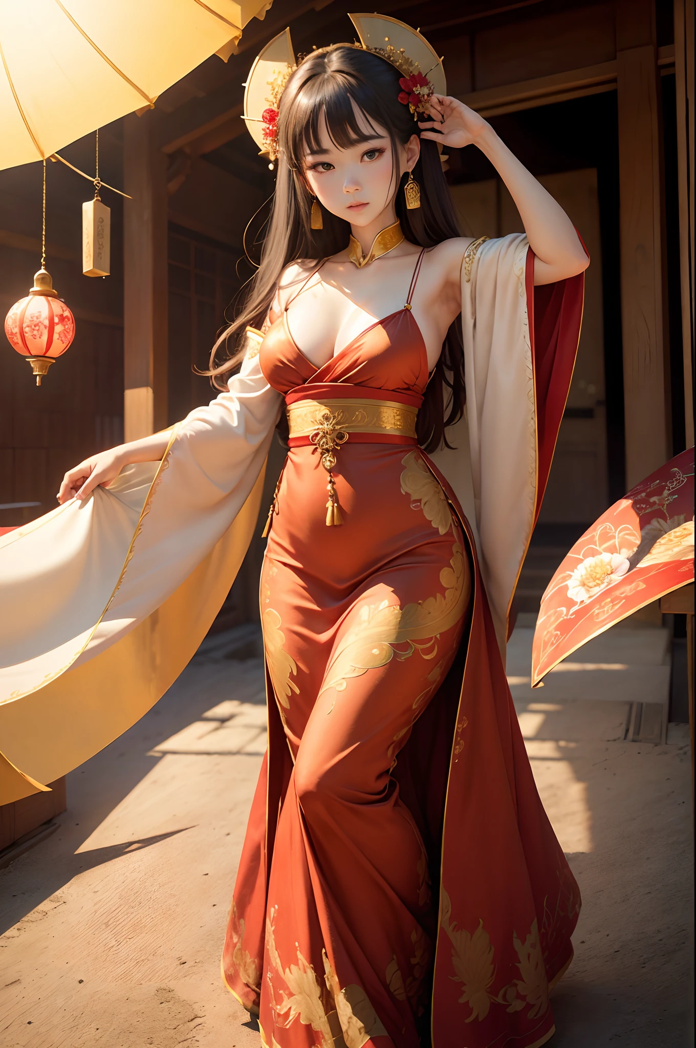 top-quality、masterpiece、hight resolution、(exquisite body:1.5)、gorgeous faces、(milky skin:1.3)、intricate detailes、hight resolution、wall-paper、 1 milf, 独奏, doress, hair adornments, (((gold and red dresses)))), florals, length hair, brown haired, a closed mouth, jewely, long-sleeve, Raise your hands, Wide sleeves, big eye,Floating hair, Hanfu, Han Feng, embroideries, long skirt, Natural pose, Falling petals, inside the house,demagoguery, paper lanterns, 16K、HDR、Hi-Res、Depth Field、(film grains:1.1)、Boken、the golden hour、(lensflare)、vignettes、rainbow、(colour grading:1.5)