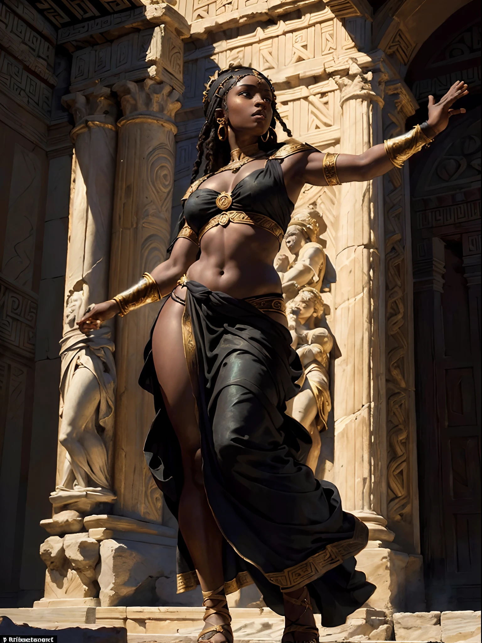 (Renaissance painting of a beautiful black woman in ancient greek clothes:1.3), best quality, masterpiece, expressive, thrilling, 256k, posing, reaching up, epic, crepuscular lights, (by Michelangelo, by Rafael, by Rubens:1.2), dynamic lighting, best quality, masterpiece, (best hands)