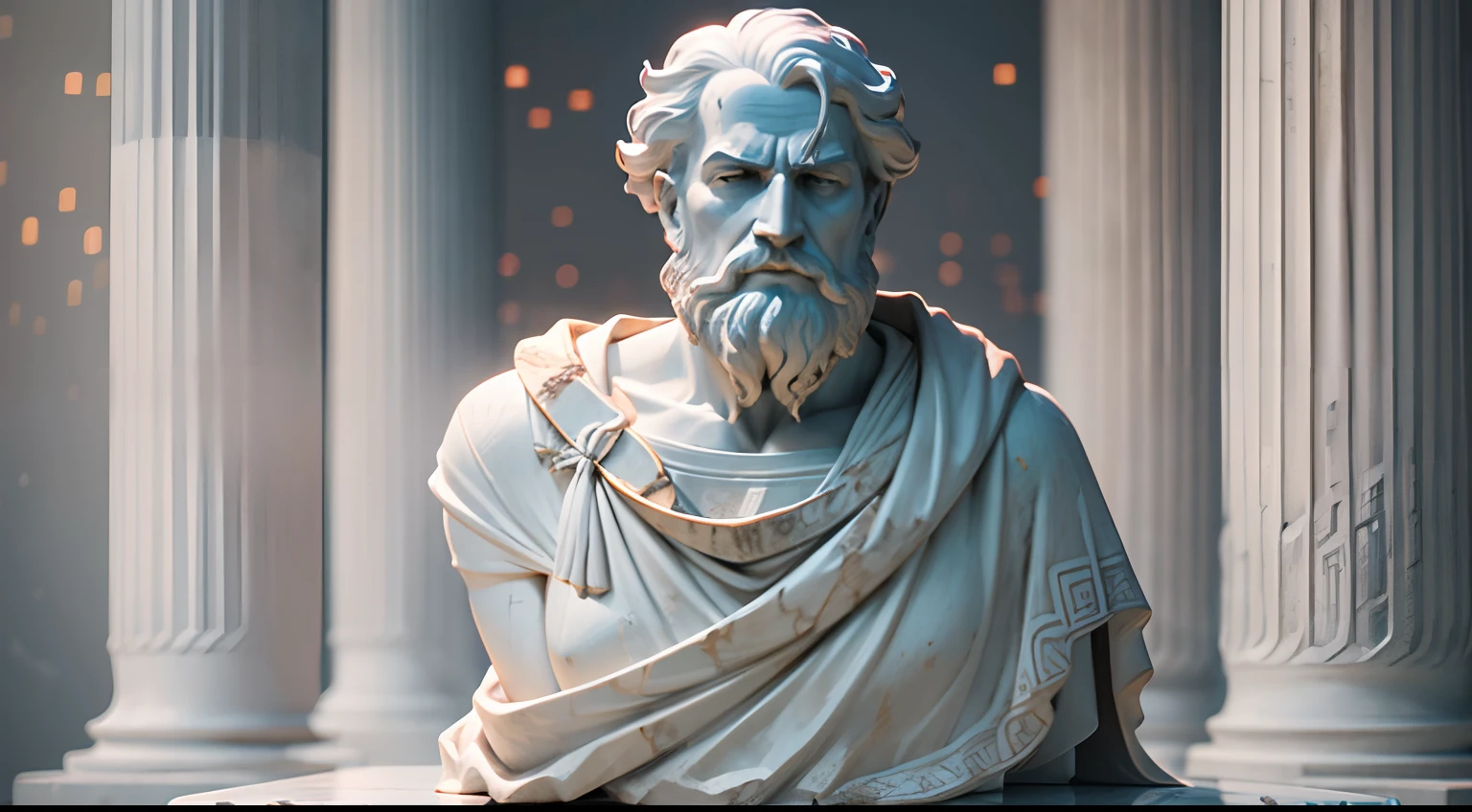 a realistic of bust greek white marble statue of aristoteles philosopher wearing a ghostly toga, neutral background, moody, stoic , photorealistic, cinematic scene, super detailed, hyper realistic, bright lights, 8 k