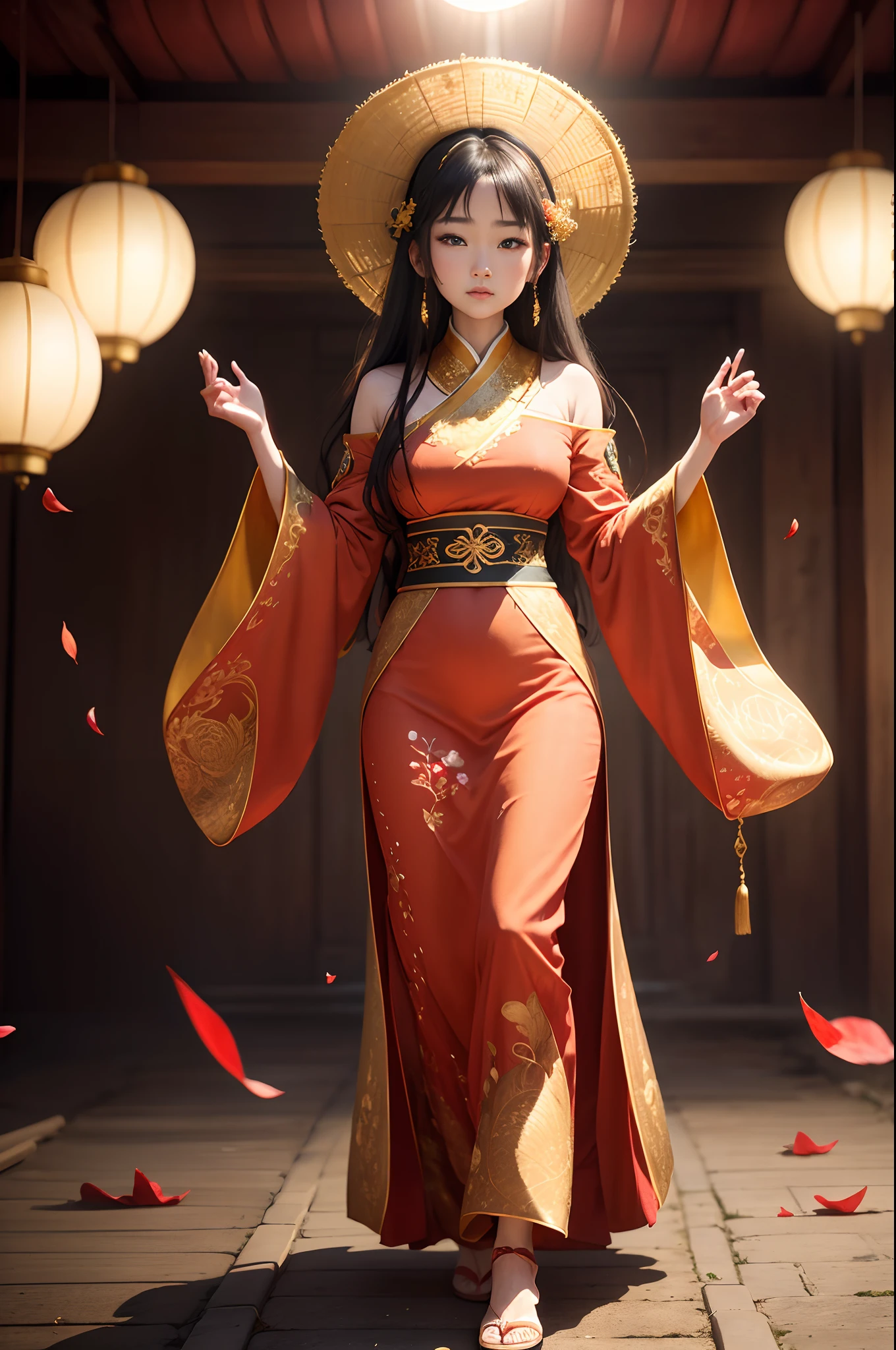 top-quality、​masterpiece、hight resolution、(exquisite body:1.5)、gorgeous faces、(milky skin:1.3)、intricate detailes、hight resolution、wall-paper、 1 milf, 独奏, doress, hair adornments, (((gold and red dresses)))), florals, length hair, brown haired, a closed mouth, jewely, long-sleeve, Raise your hands, Wide sleeves, big eye,Floating hair, Hanfu, Han Feng, embroideries, long  skirt, Natural pose, Falling petals, inside the house,demagoguery, paper lanterns, 16K、HDR、Hi-Res、Depth Field、(film grains:1.1)、Boken、the golden hour、(lensflare)、vignettes、rainbow、(colour grading:1.5)