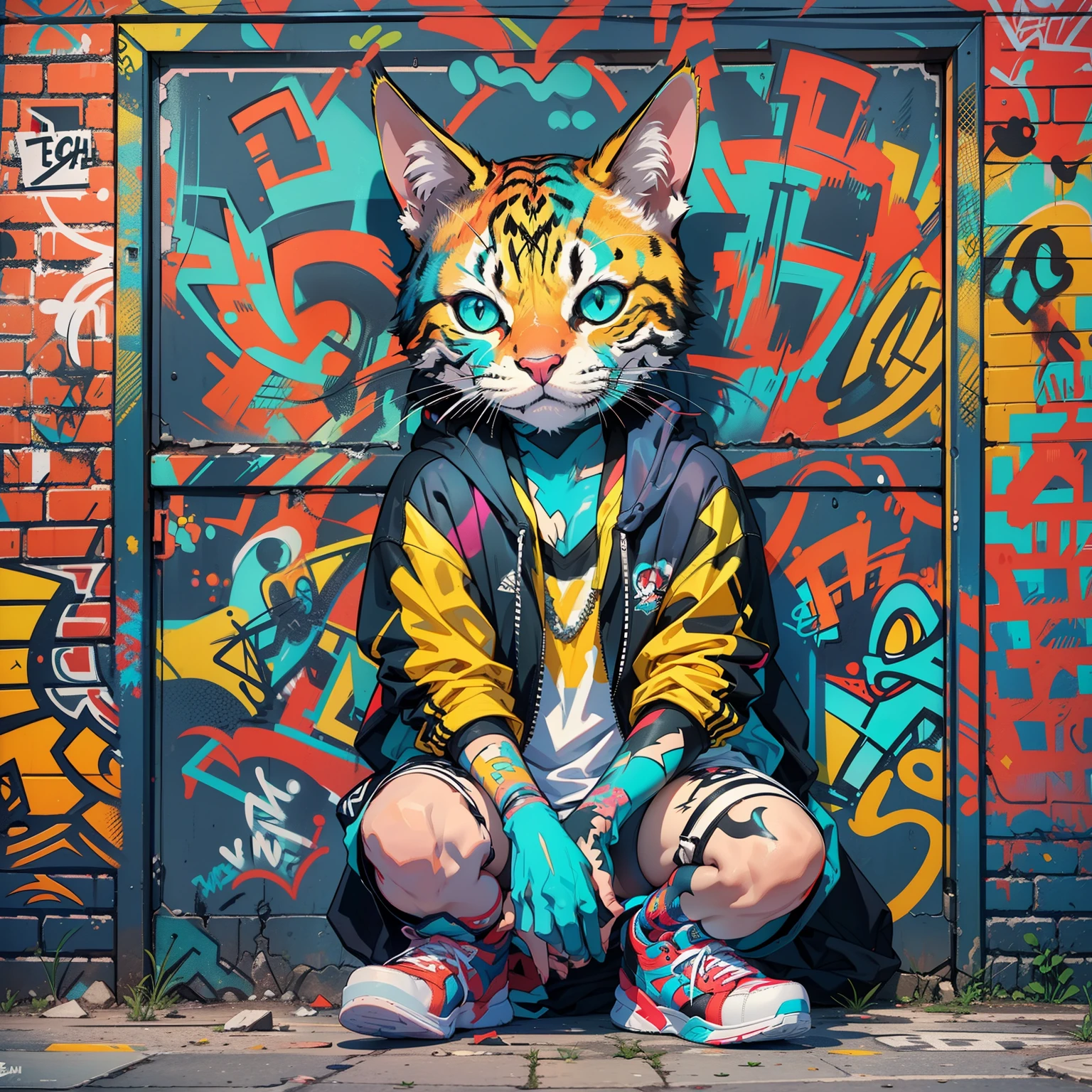 Neon colored cat in back alley、(Super Detail)、(8K)、((Hip Hop Fashion))、(graffiti wall)、(full body Esbian)、(hyperdetailed face)、(Detailed feet)、(Detailed hand)、(Cool Face)、(sitting with knees arised)、(Put your arms on your knees)