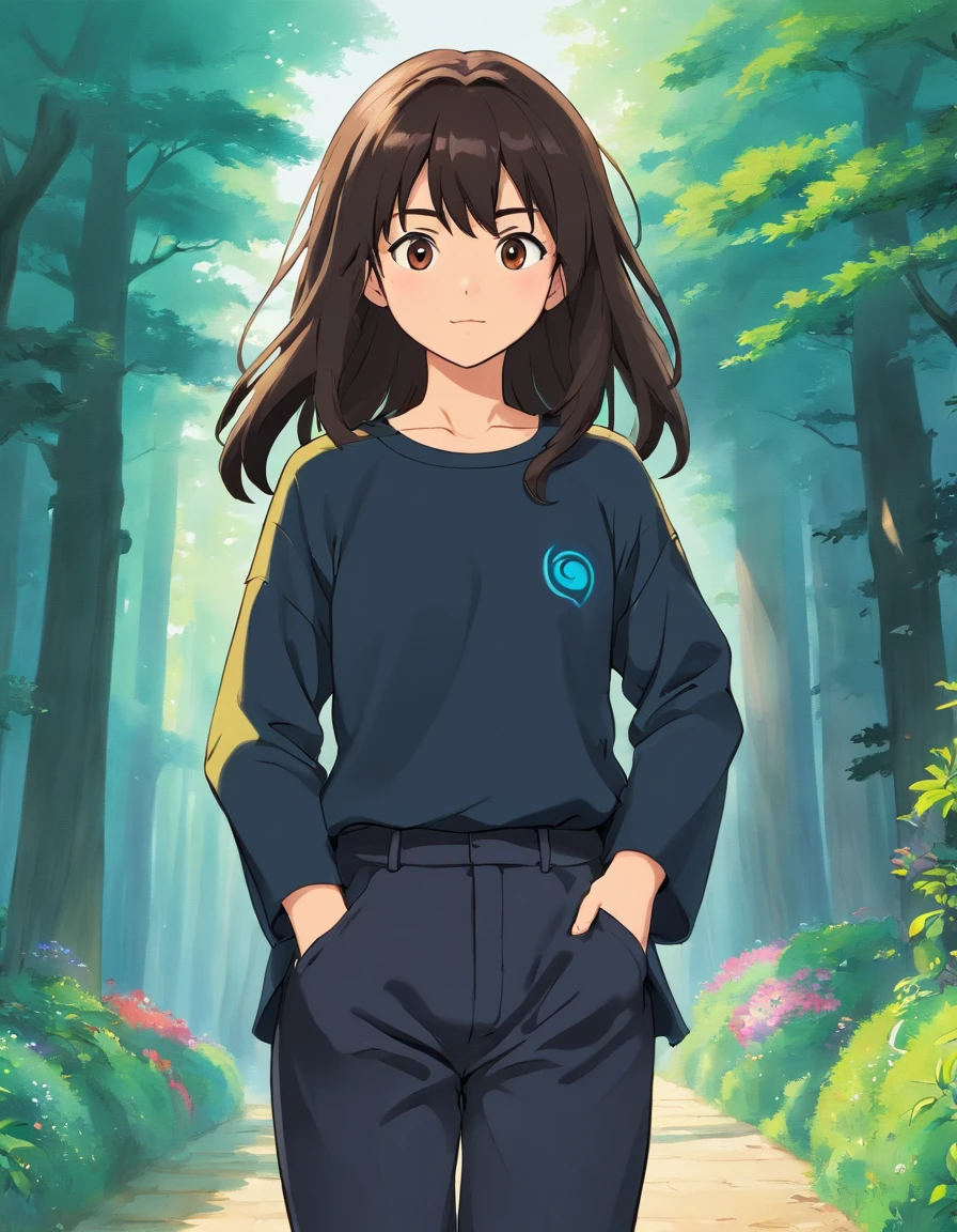 Um jovem de 15 anos com cabelo preto amarrado estilo rabo de cavalo bem longo olhos bem vermelhos uma blusa de manga comprida branca ,black pant ,luva preta um sorriso