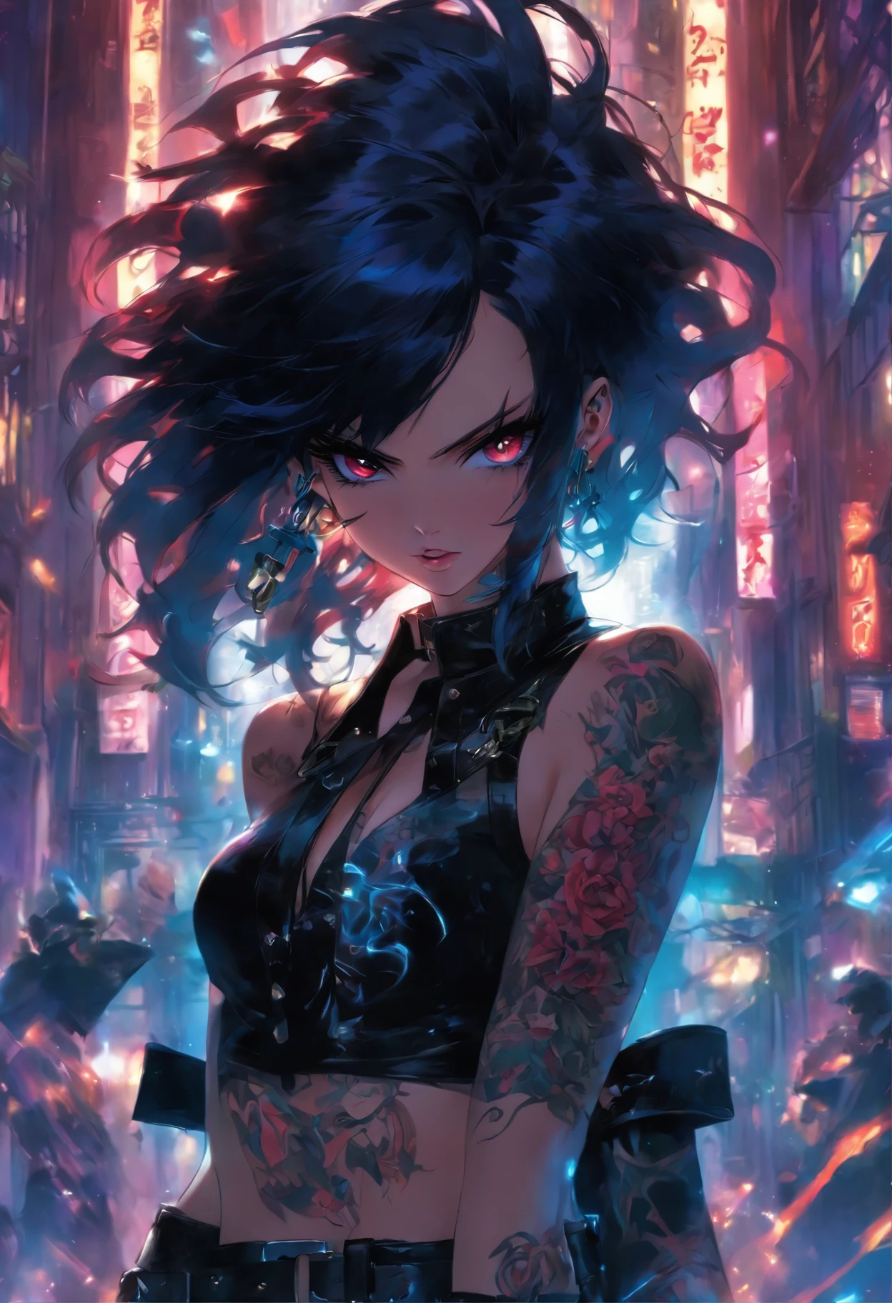 beautiful cute girl, BDSM, leather collar, harness, sword belt, wide thighs, Narrow waist, lush black hair, Bright make-up, An evil expression on his face, the night, sexy and nude, Belts & Leather, Tatoo