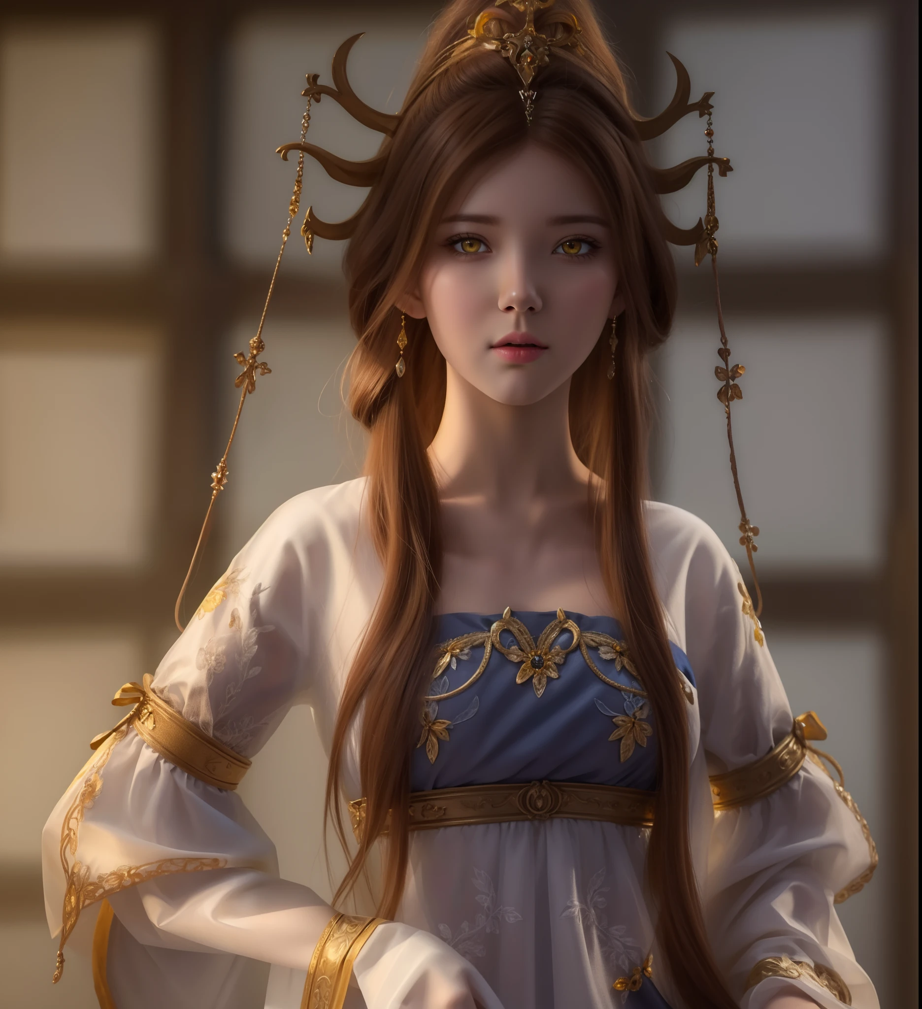 (hyperrealistic), (illustration), (high resolution), (8K), (extremely detailed), (best illustration), (beautiful detailed eyes), (best quality), (ultra-detailed), (masterpiece), (wallpaper), (photorealistic), (natural light), (rim lighting), (detailed face), (high detailed realistic skin texture), (anatomically correct), (solo), (1 girl), (high detailed realistic hair), (caramel hair:1.35), (heterochromic eyes), (detailed eyes), (yellow eyes:1.37), (sparkling eyes), (realistic big breasts:1.5), (exposed breasts:1.35), (long legs), (slender abs), (dynamic pose), (closed tiny mouth:1.3), nsfw, concentrated expression.