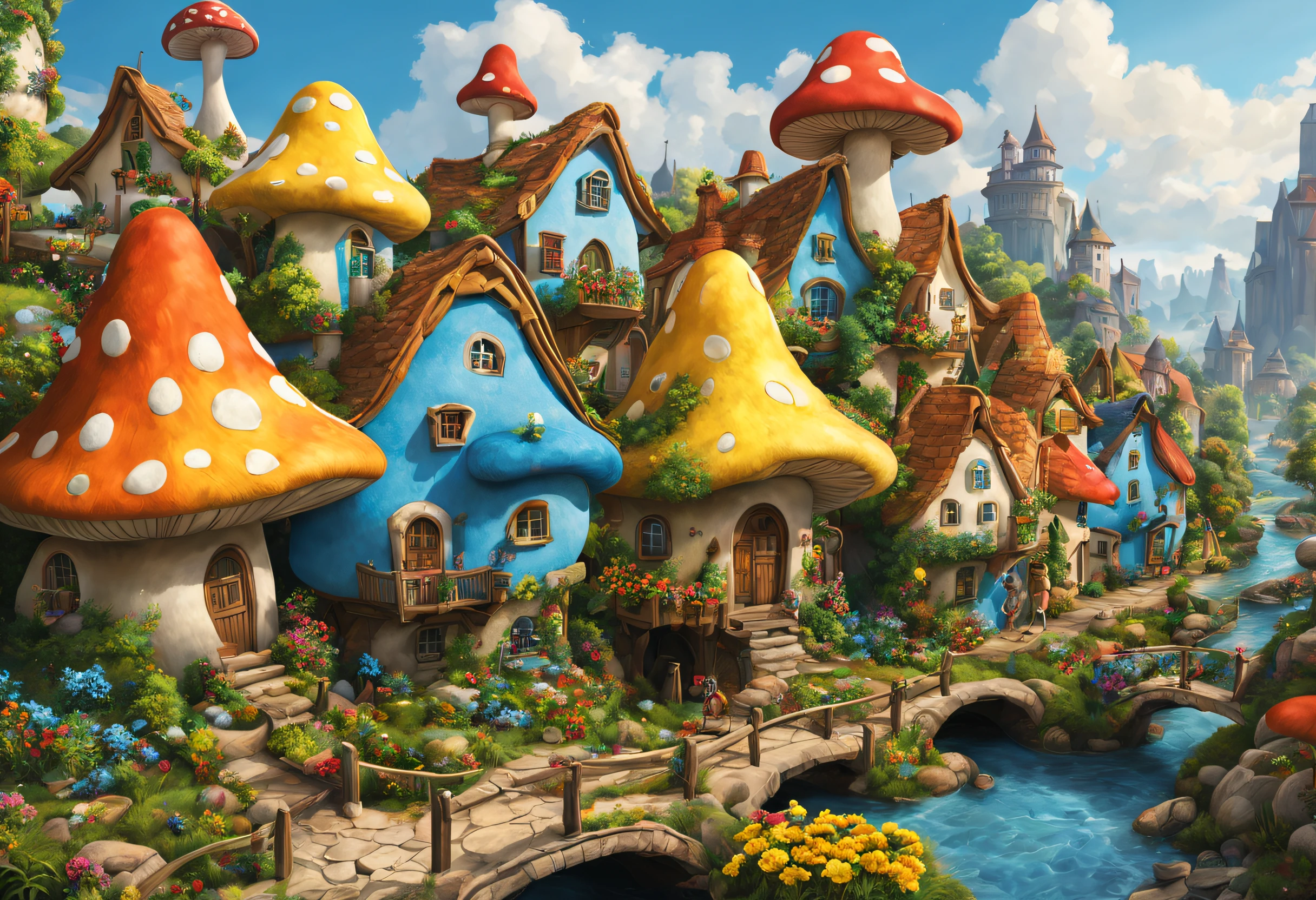 A smurf city, vividly depicted in the artwork (best quality, 4k, high resolution, masterpiece: 1.2), with ultra detailed features (realistic, photorealistic: 1.37). The city is made of vibrant colors and is bathed in warm sunlight, creating a cheerful and whimsical atmosphere. The houses are designed with extreme attention to detail, with intricate designs and unique architecture, resembling mushroom-shaped houses. The city is surrounded by lush greenery and colorful flowers, enhancing the enchanting and magical environment. The artwork exhibits an illustrative style, inspired by children's book illustrations, ensuring a charming and nostalgic touch. The color palette is made up of vibrant blues, greens and yellows, evoking a feeling of joy and playfulness. The lighting accentuates the picturesque scenes, casting soft, warm shadows that add depth and warmth to the artwork. Every detail is impeccably rendered, creating a visually stunning masterpiece that captures the essence of Smurf Town.