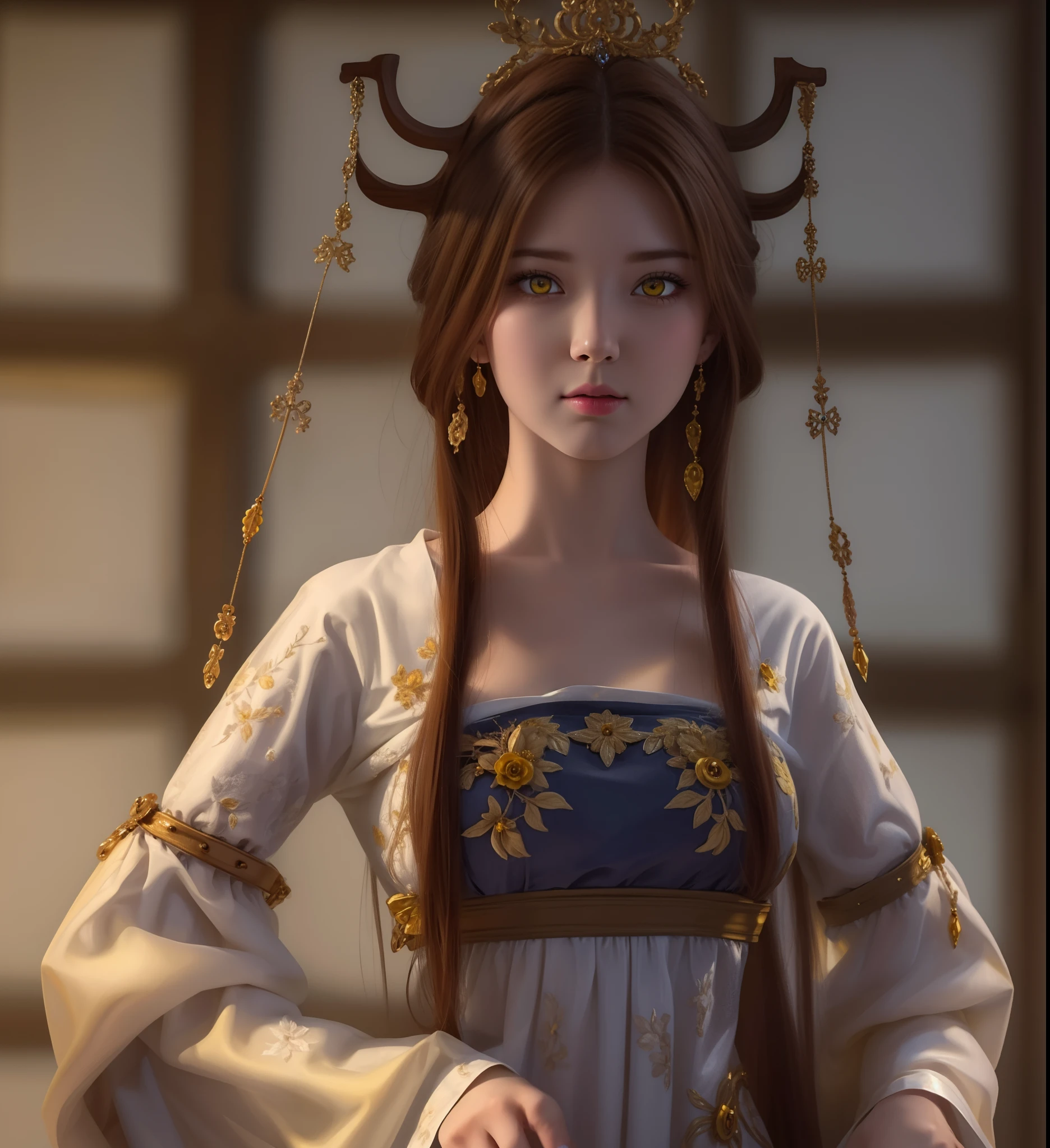 (hyperrealistic), (illustration), (high resolution), (8K), (extremely detailed), (best illustration), (beautiful detailed eyes), (best quality), (ultra-detailed), (masterpiece), (wallpaper), (photorealistic), (natural light), (rim lighting), (detailed face), (high detailed realistic skin texture), (anatomically correct), (solo), (1 girl), (high detailed realistic hair), (caramel hair:1.35), (heterochromic eyes), (detailed eyes), (yellow eyes:1.37), (sparkling eyes), (realistic big breasts:1.5), (exposed breasts:1.35), (long legs), (slender abs), (dynamic pose), (closed tiny mouth:1.3), nsfw, concentrated expression.