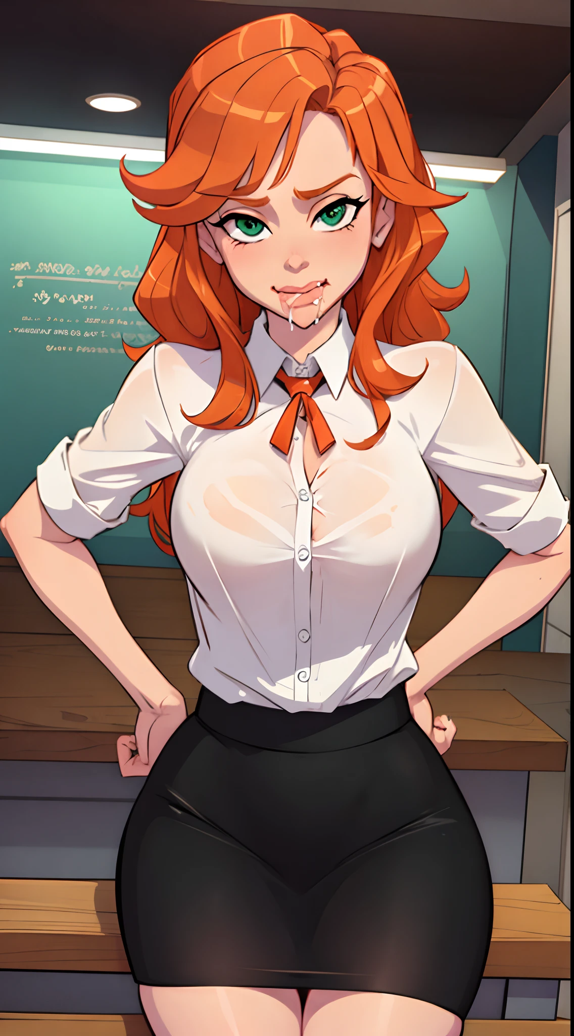1girl, Best quality, masterpiece, cowboy shot, orange hair, green eyes, tight cloth, sitting on table, office, secretary clothes, pencil skirt, legs spreading, licking, drool spill