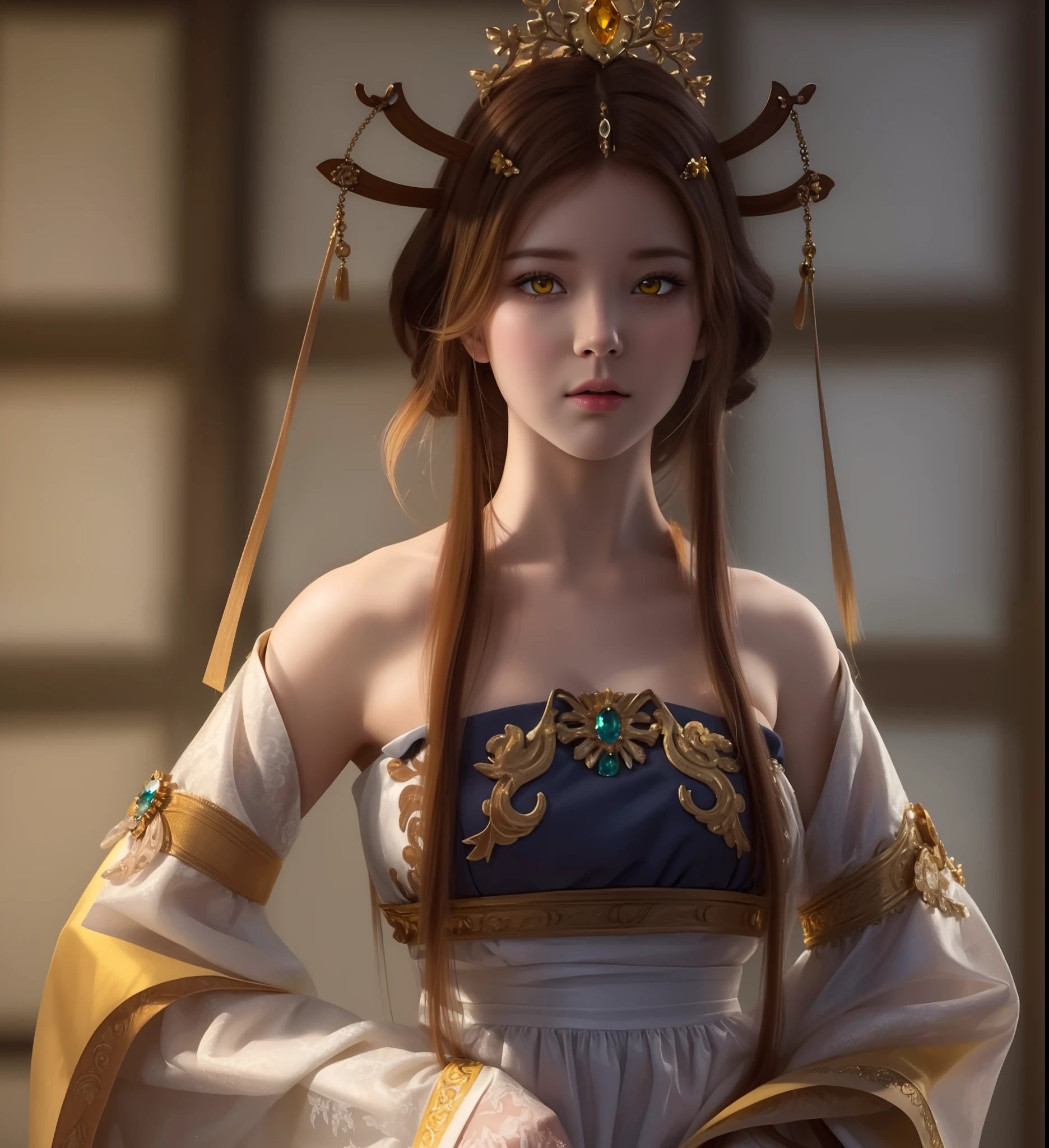 (hyperrealistic), (illustration), (high resolution), (8K), (extremely detailed), (best illustration), (beautiful detailed eyes), (best quality), (ultra-detailed), (masterpiece), (wallpaper), (photorealistic), (natural light), (rim lighting), (detailed face), (high detailed realistic skin texture), (anatomically correct), (solo), (1 girl), (high detailed realistic hair), (caramel hair:1.35), (heterochromic eyes), (detailed eyes), (yellow eyes:1.37), (sparkling eyes), (realistic big breasts:1.5), (exposed  breasts:1.35), (long legs), (slender abs), (dynamic pose), (closed tiny mouth:1.3), nsfw, concentrated expression.