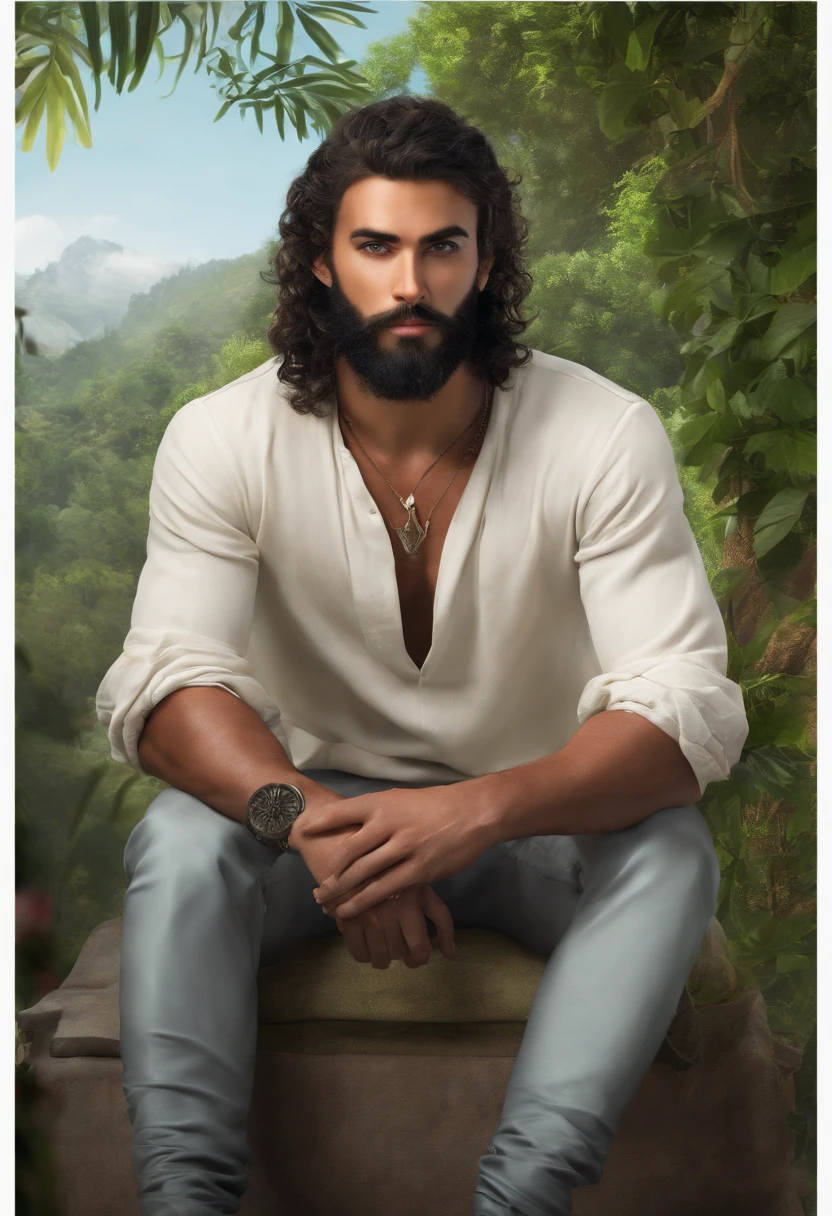 Young Male,Blackbeard,white skinned,Green Eye,realist,looking forward,Avatar Speaker,seated chair, Natural background.