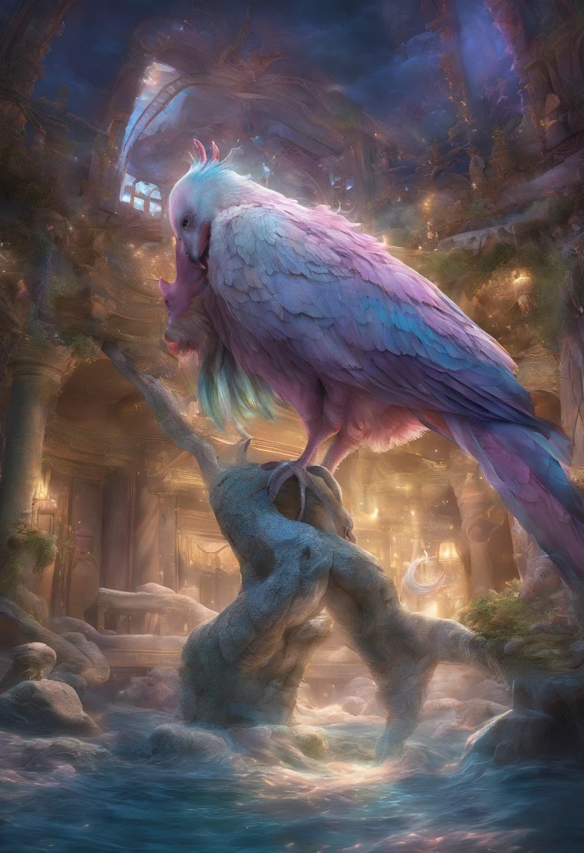 vibrant colors, ethereal glow, mystical atmosphere, delicate brushwork, fantastical creature, flowing robes, elegant pose, whimsical background