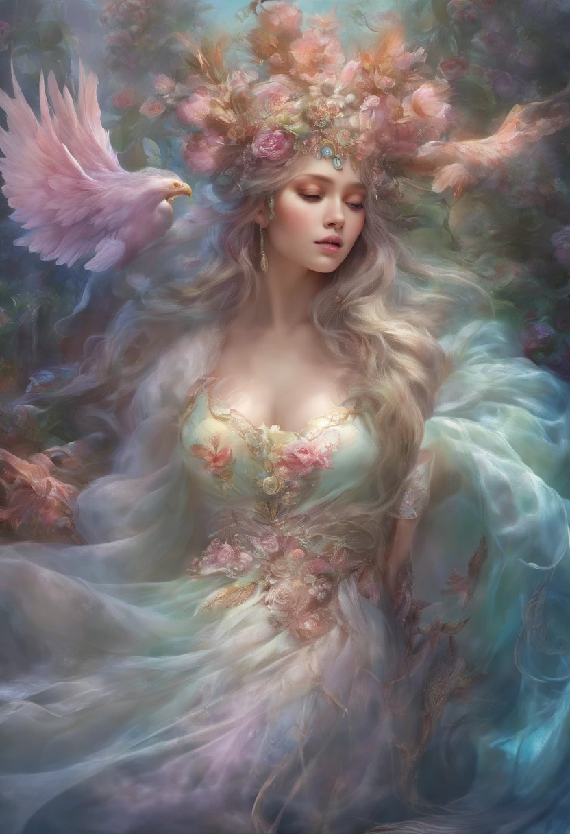 vibrant colors, ethereal glow, mystical atmosphere, delicate brushwork, fantastical creature, flowing robes, elegant pose, whimsical background