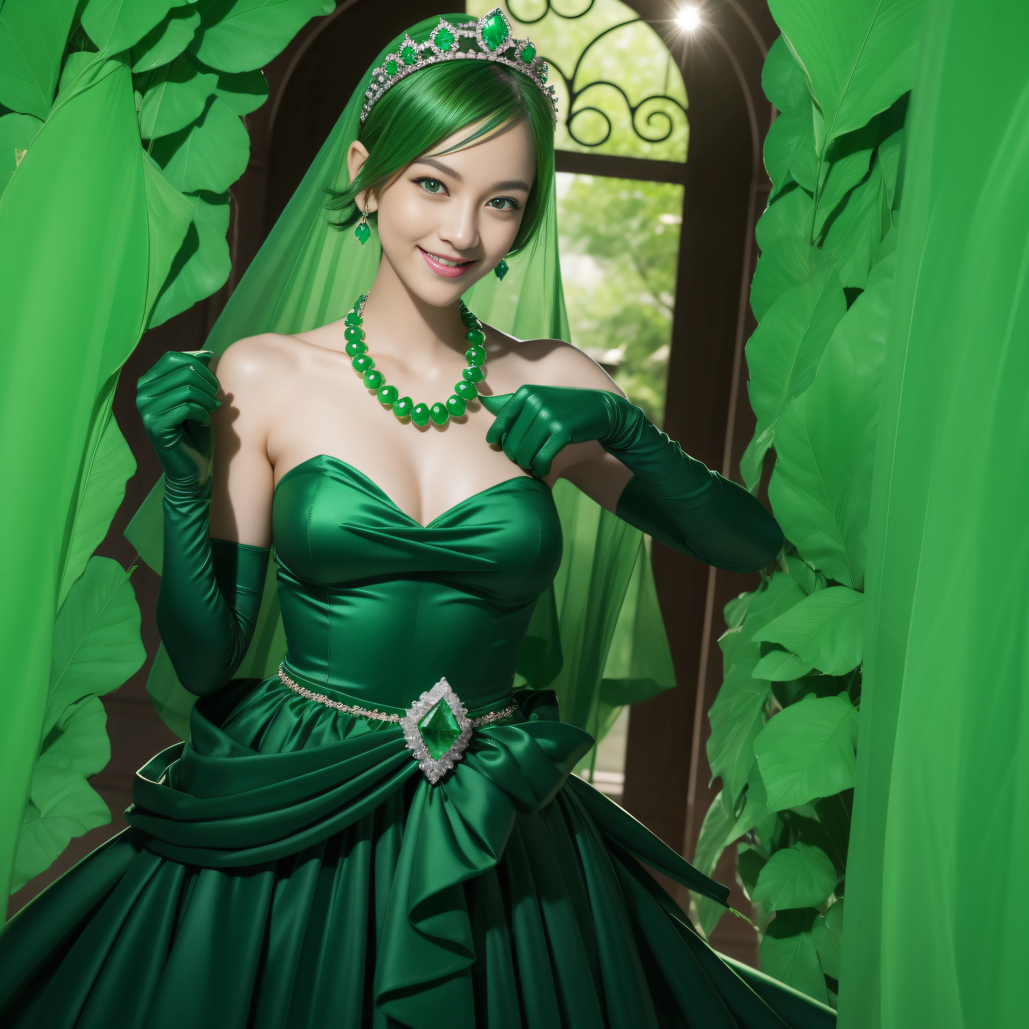 emerald tiara, Green Pearl Necklace, Boyish very short green hair, lipsticks, Japan woman smiling, very short short hair, big breasts beautiful, Green eyes, Long green gloves made of satin material, Green eyes, Emerald Earrings, Green dress
