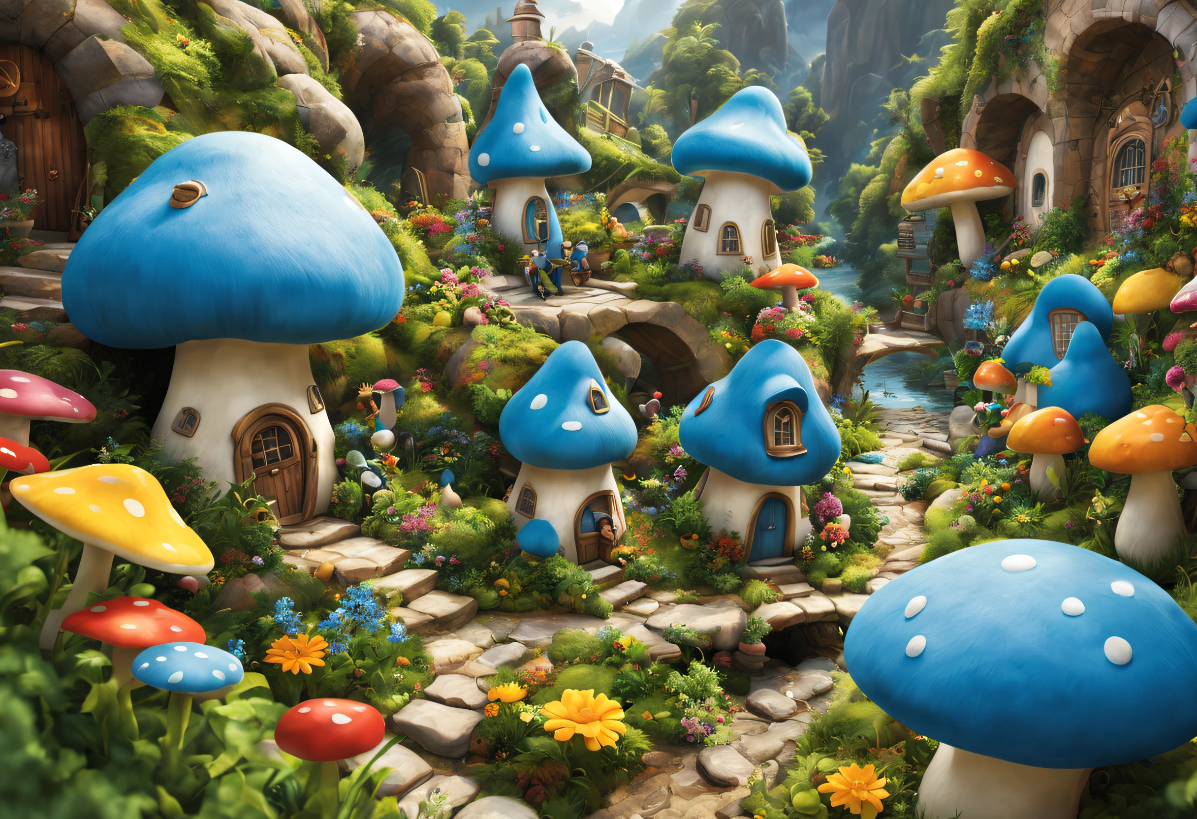 A smurf city, vividly depicted in the artwork (best quality, 4k, high resolution, masterpiece: 1.2), with ultra detailed features (realistic, photorealistic: 1.37). The city is made of vibrant colors and is bathed in warm sunlight, creating a cheerful and whimsical atmosphere. The houses are designed with extreme attention to detail, with intricate designs and unique architecture, resembling mushroom-shaped houses. The city is surrounded by lush greenery and colorful flowers, enhancing the enchanting and magical environment. The artwork exhibits an illustrative style, inspired by children's book illustrations, ensuring a charming and nostalgic touch. The color palette is made up of vibrant blues, greens and yellows, evoking a feeling of joy and playfulness. The lighting accentuates the picturesque scenes, casting soft, warm shadows that add depth and warmth to the artwork. Every detail is impeccably rendered, creating a visually stunning masterpiece that captures the essence of Smurf Town.