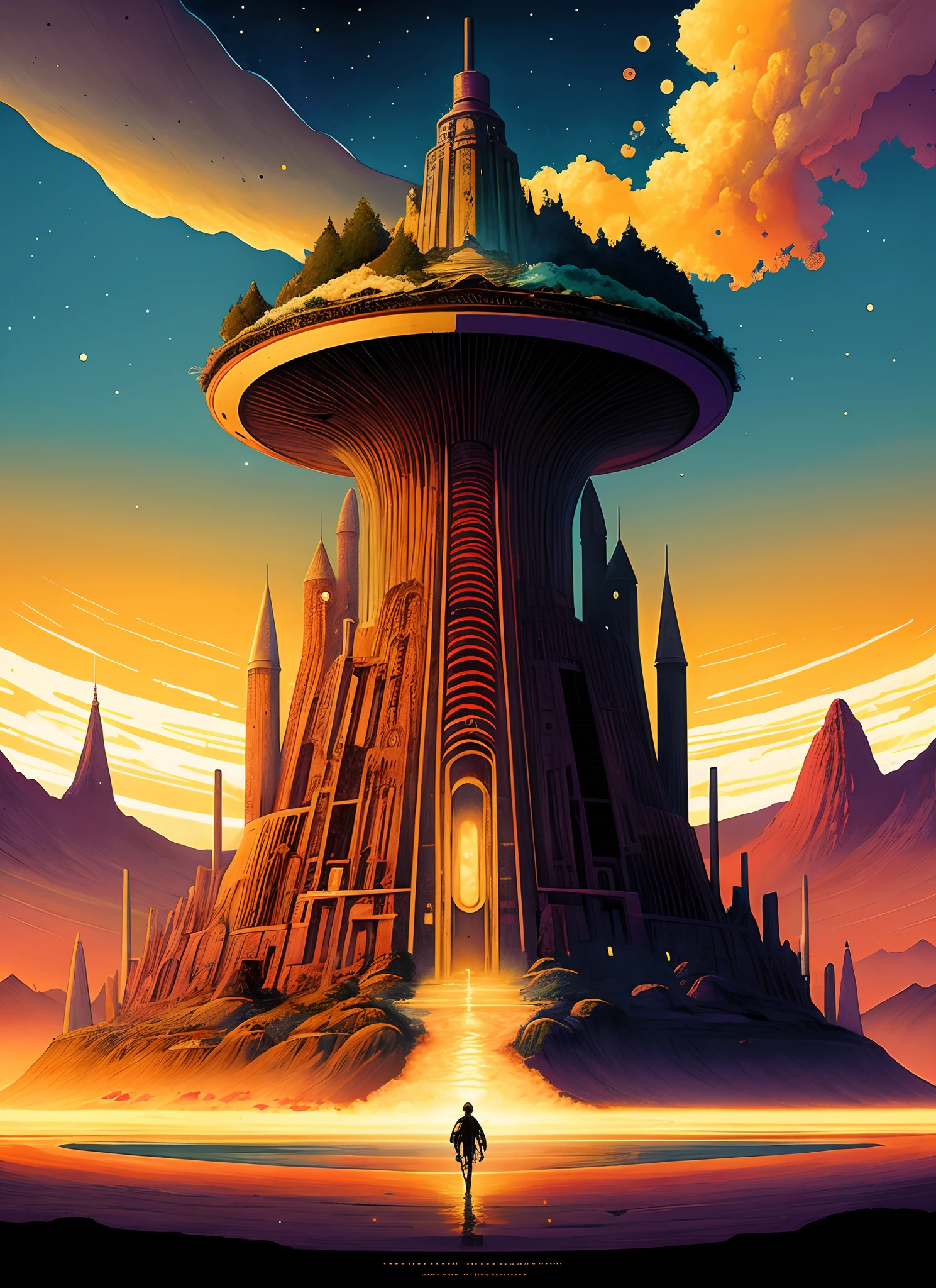 The fantasy temple sits at the top of the cross-section of a surreal map of the geological biome with concentric layers of paint layers, forming a surreal multi-level geological formation with , Paint layers, A network of underground tunnels, Swirling clouds, Water pools, on dark paper, by Peter Mohrbacher, tarmo juhola, ivan laliashvili, by James Gurney, moebius, by Roger Dean, François Schuiten's female space warrior, by Paul Pope, Mead Schaeffer #aitextpromptgenerator #aitextpromptgen #Eigentools