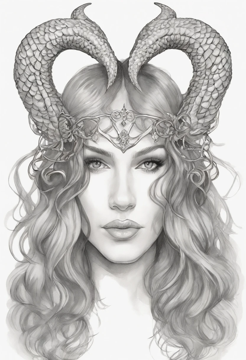 Hand-drawn sketch illustration of a beautiful red hair tiefling, cabelo curto, cabelo liso, cabelo com presilhas, cabelo com franja na frente dos olhos, tatuagem,olhos azuis, symmetrical dragon horns,detalhes em dourado na roupa, illustration, watercolor sketch, (melhor qualidade)), detalhado intrincado,