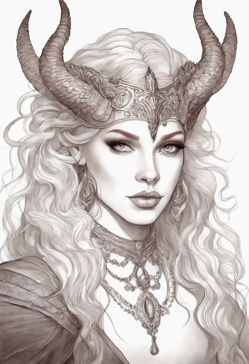 Hand-drawn sketch illustration of a beautiful red hair tiefling, cabelo curto, cabelo liso, cabelo com presilhas, cabelo com franja na frente dos olhos, tatuagem,olhos azuis, symmetrical dragon horns,detalhes em dourado na roupa, illustration, watercolor sketch, (melhor qualidade)), detalhado intrincado,