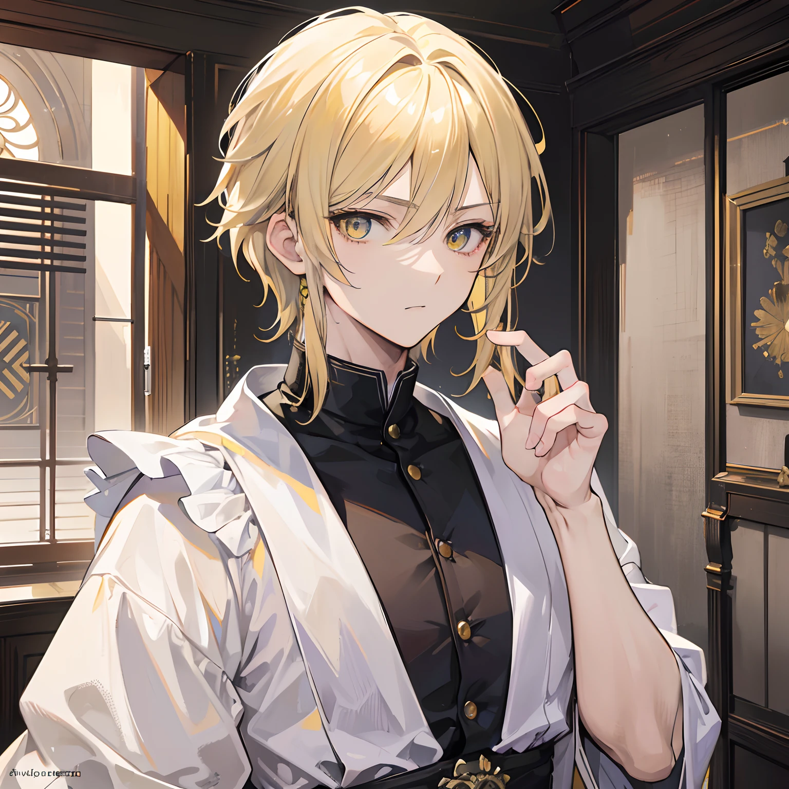 (absurdres, highres, ultra detailed, HDR), masterpiece, best quality, 1 boy , Hakuoki character, short light blonde hair, handsome face, anime eyes, detailed interior, detailed character, yellow colored eyes, sharp eyes