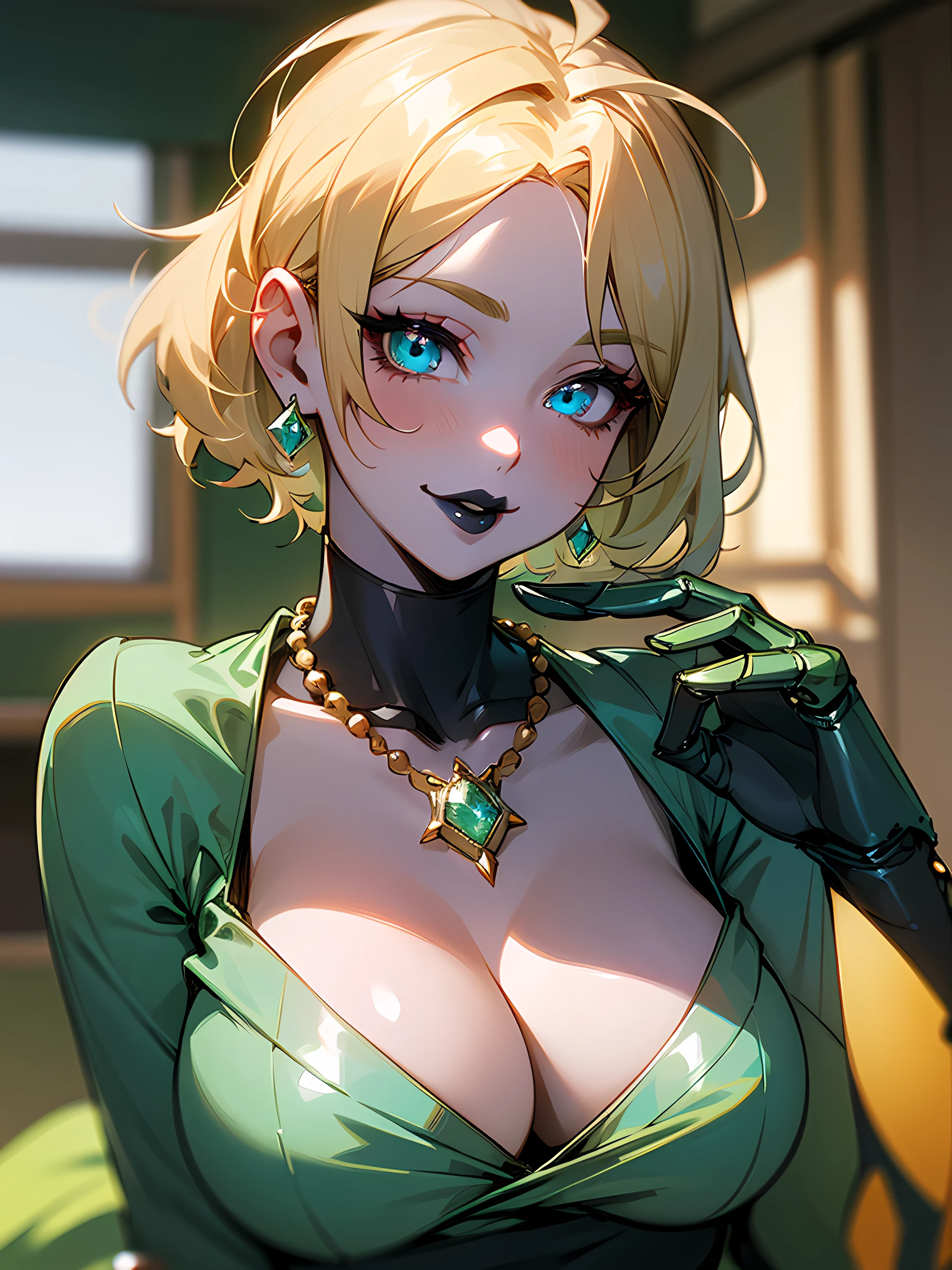 This is、It is an image of a cartoon woman standing in a room dressed in jeans, 1girl in, Blonde hair, Solo, Short hair, Skirt, Looking at Viewer, drapes, denim, Indoors, Saijo Judges, Large breasts, cleavage, emerald tiara, Green Pearl Necklace, Boyish very short black hair, lipsticks, Japan woman smiling, very short short hair, fist, big breasts beautiful, Green eyes, Long green gloves made of satin material, Green eyes, Emerald Earrings, Sexy, Female Teacher, 1 Robotic arm, White top,plaid skirts, Long Blonde Hair, Glowing blue eyes, black lipstick,