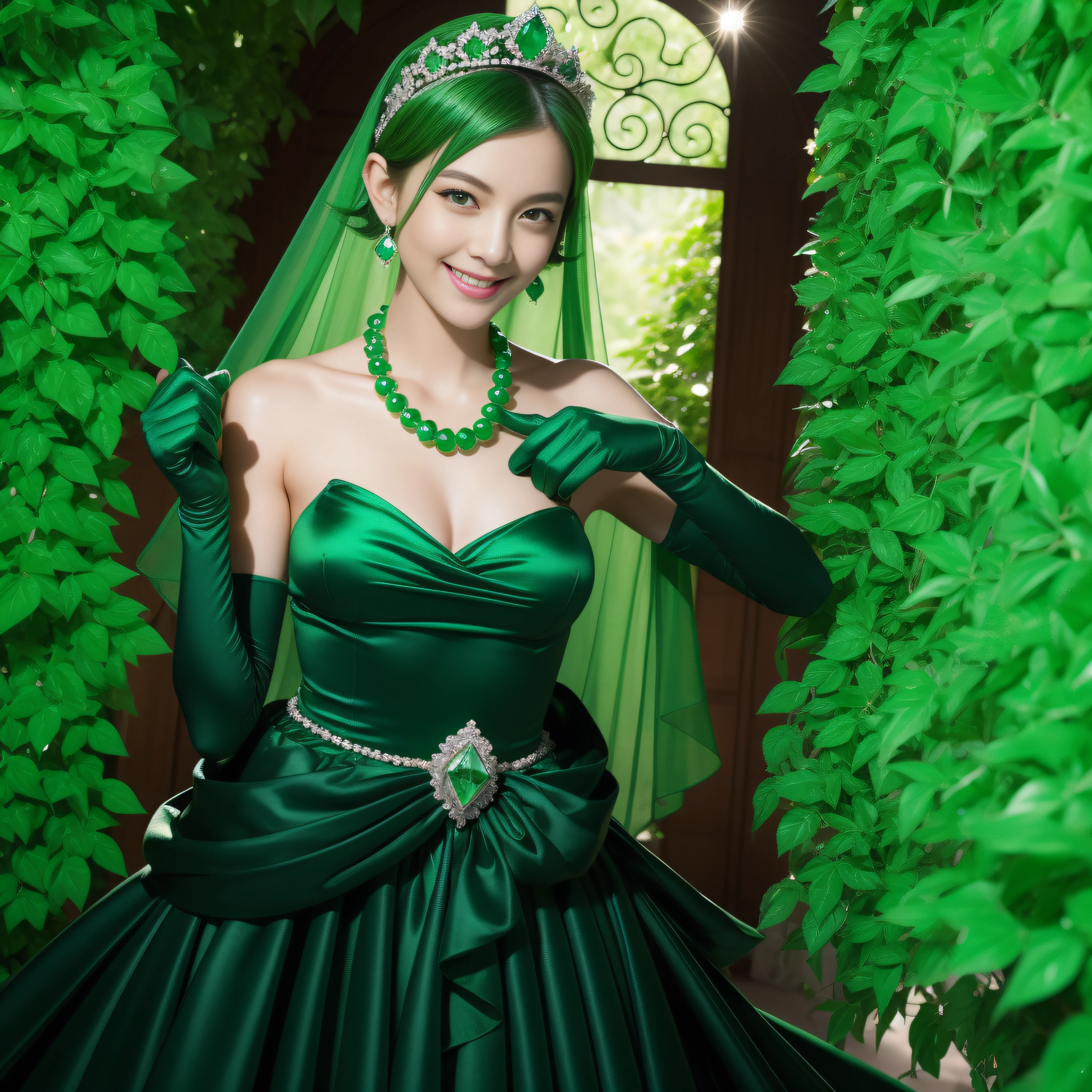 emerald tiara, Green Pearl Necklace, Boyish very short green hair, lipsticks, Japan woman smiling, very short short hair, big breasts beautiful, Green eyes, Long green gloves made of satin material, Green eyes, Emerald Earrings, Green dress