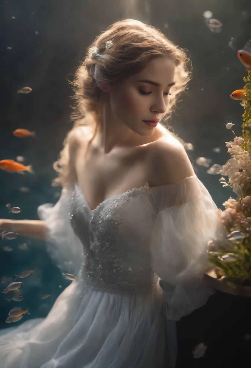 (best quality,4k,8k,highres,masterpiece:1.2),ultra-detailed,realistic:1.37,(portrait,concept artists),bokeh,soft,fairytale lighting,fish scale texture,detailed tail and fins,glistening pearls,underwater scene,glassy water surface,magic,emotional depth,subtle sadness,cooking pot,boiling water,steam rising,delicate movements,ethereal atmosphere,white lace dress,wistful eyes,helpless expression,struggle,sacrifice,desperation,melancholy,intense emotions