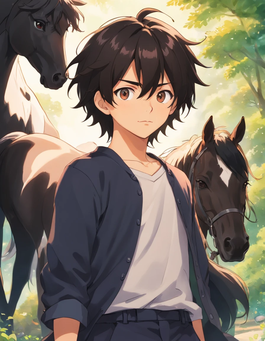 Um jovem menino de 15 anos com cabelo preto amarrado estilo rabo de cavalo bem longo olhos bem vermelhos uma blusa de manga comprida branca ,black pant ,luva preta um sorriso