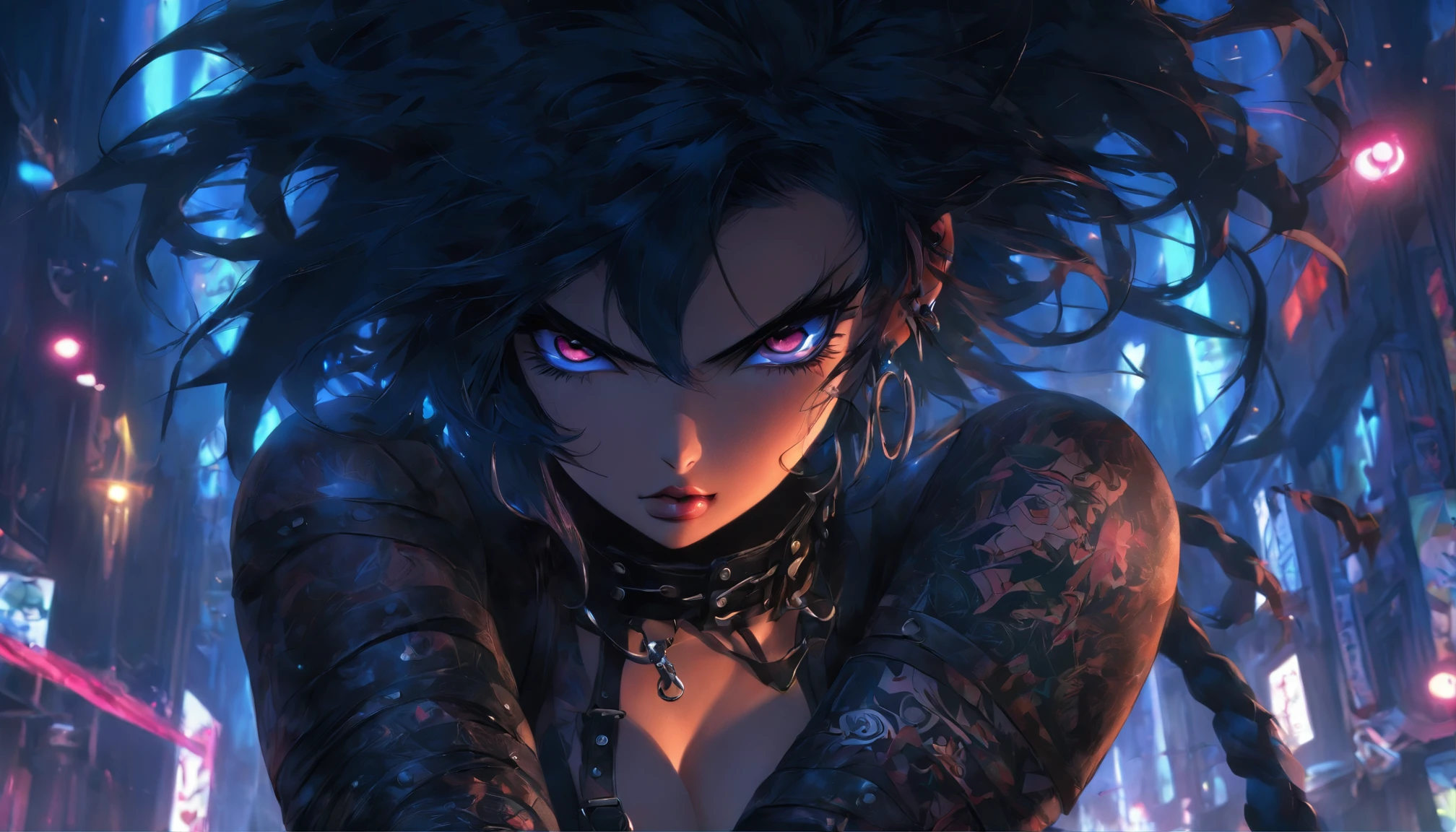 beautiful cute girl, BDSM, leather collar, harness, sword belt, wide thighs, Narrow waist, lush black hair, Bright make-up, An evil expression on his face, the night, sexy and nude, Belts & Leather, Tatoo