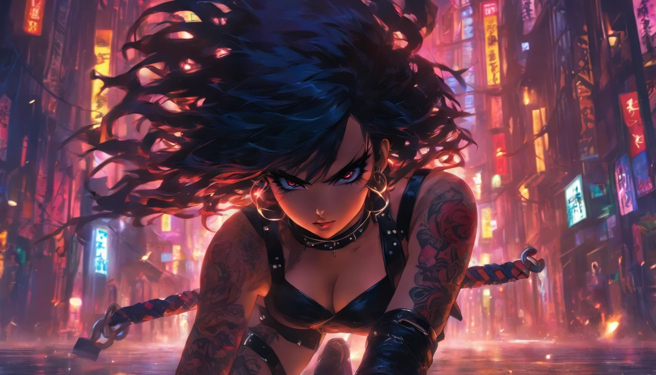 beautiful cute girl, BDSM, Leather collar, harness, sword belt, wide thighs, Narrow waist, lush black hair, Bright make-up, An evil expression on his face, the night, sexy and nude, belts & Leather, Tatoo, Full-length